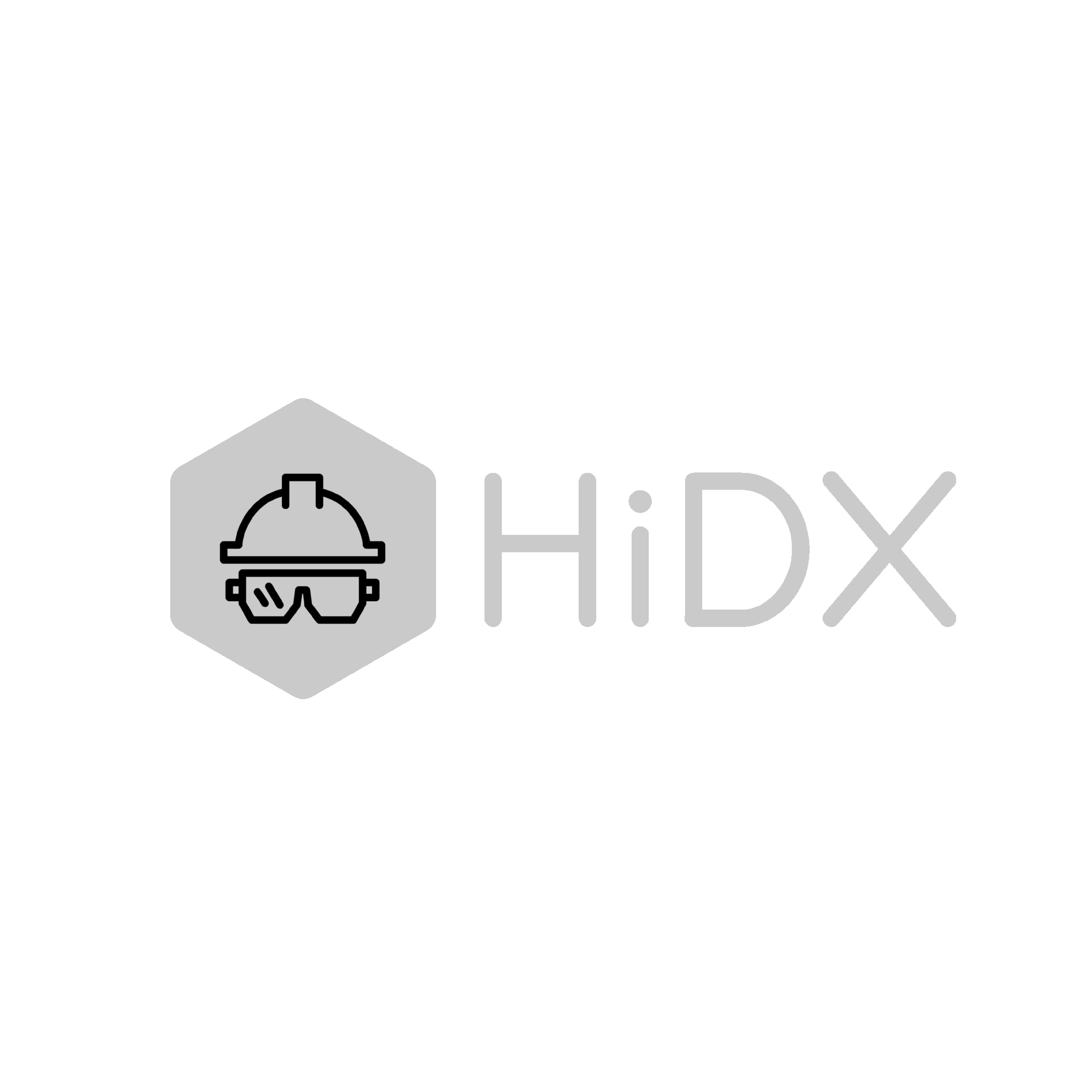 HiDX prescription safety glasses logo with hard hat icon on gray hexagon background