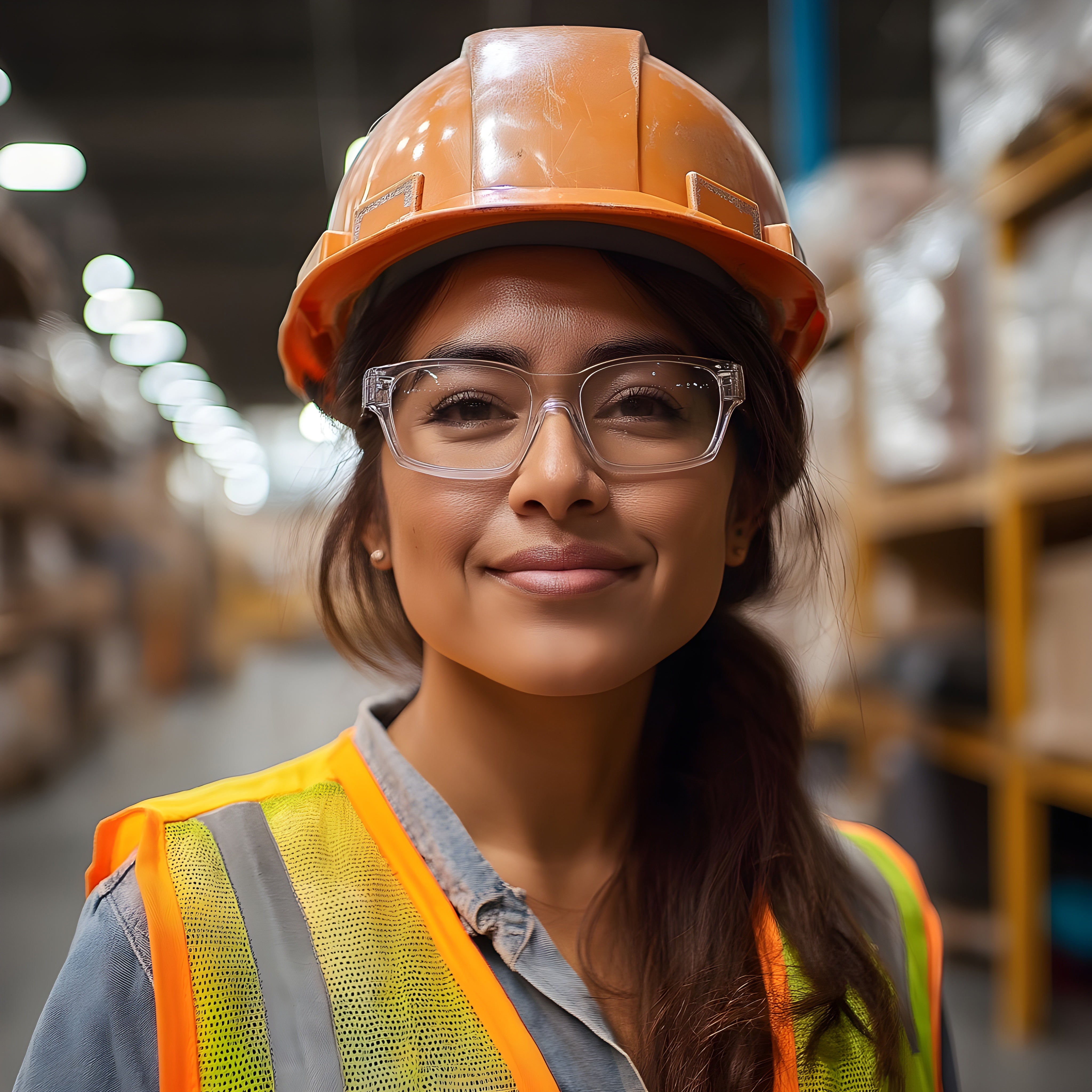 Prescription safety glasses in clear variant, worn by worker with orange hard hat and earmuffs