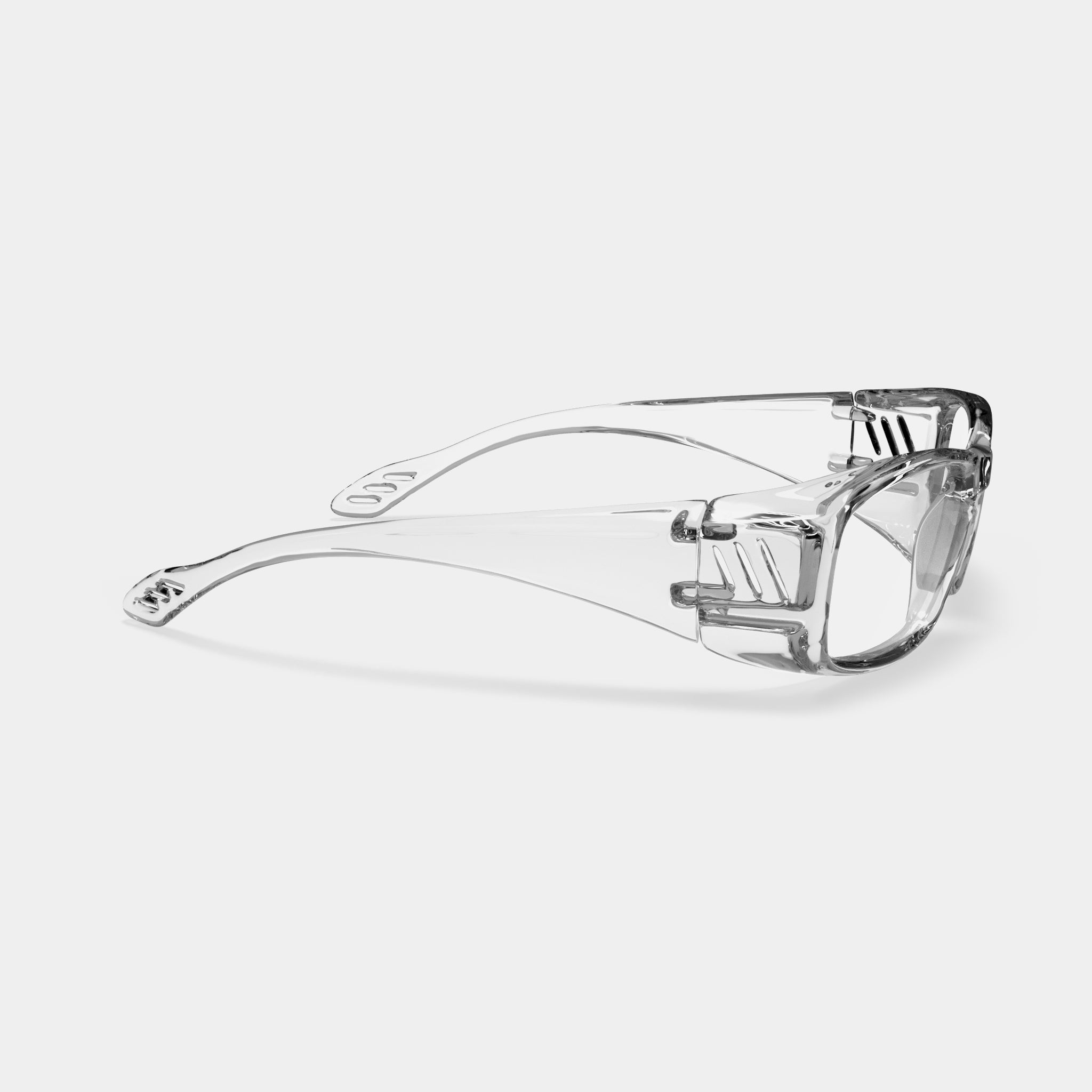 A0010 prescription safety glasses in clear color, side view on white background