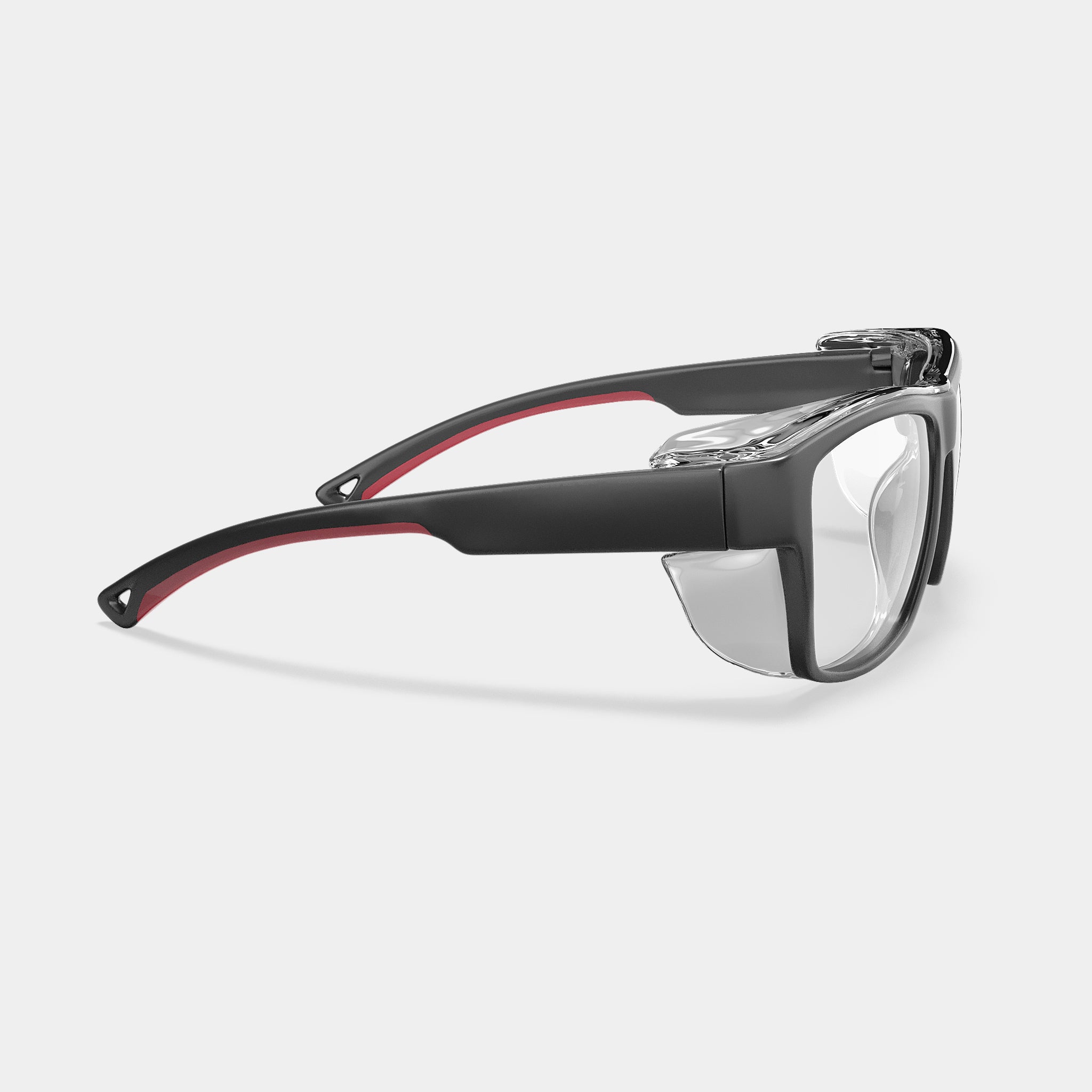 A001 prescription safety glasses in black with red accents, side view