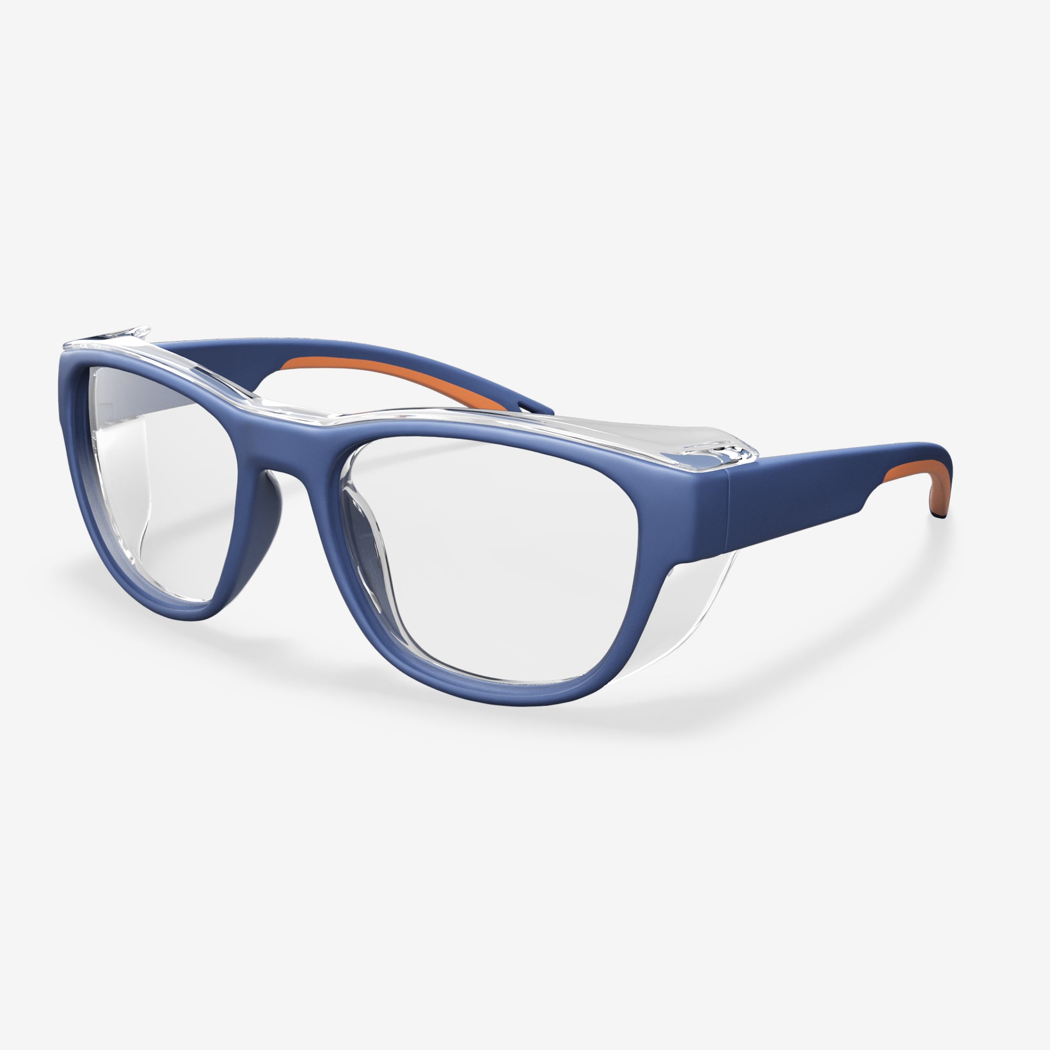 A002 prescription safety glasses in blue with orange accents, clear lenses on white background