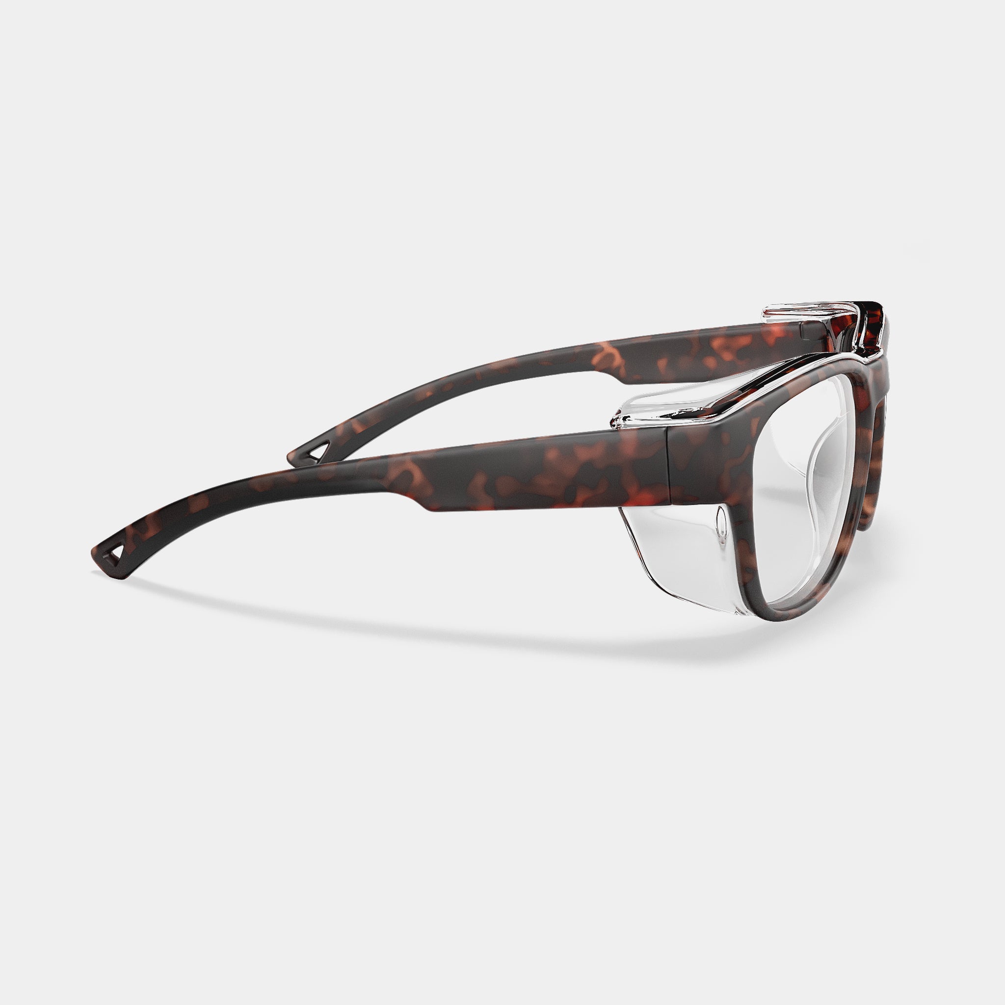 A002 prescription safety glasses in tortoise color with clear side shields