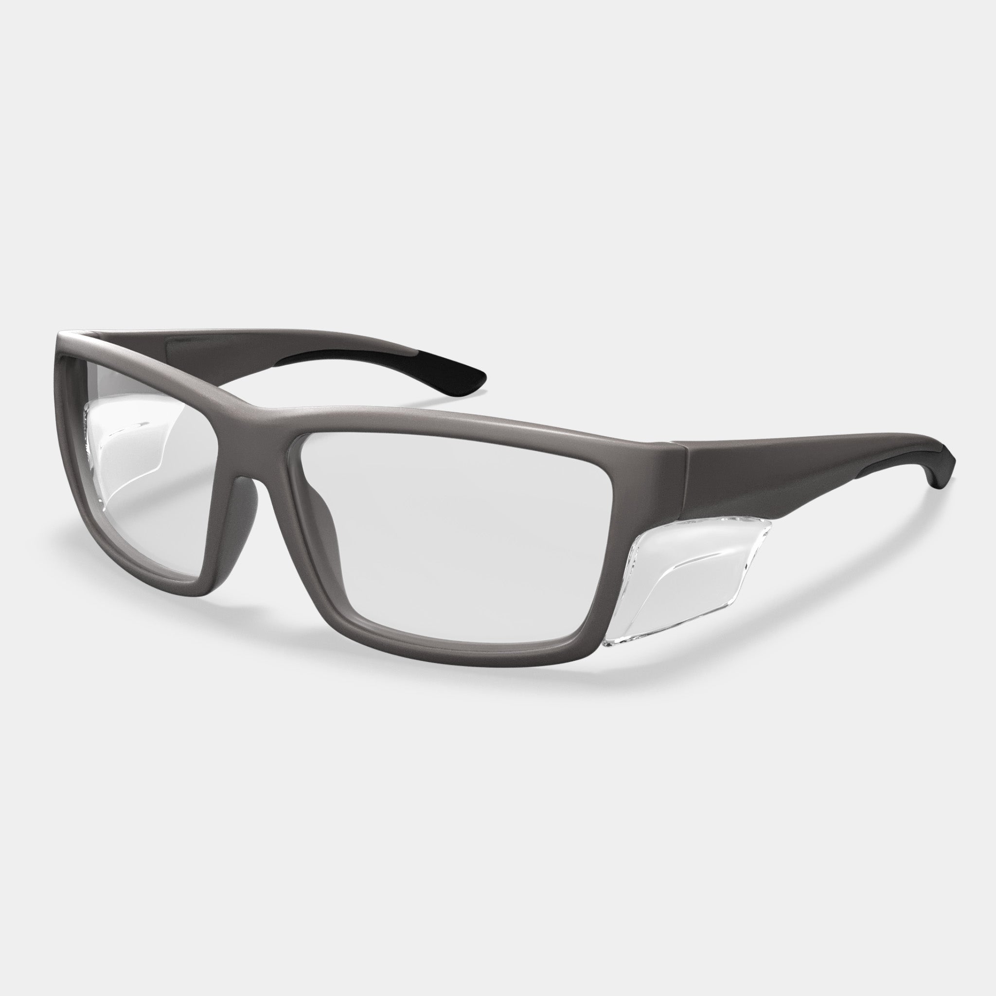 A003 prescription safety glasses in matte gray with clear side shields on white background