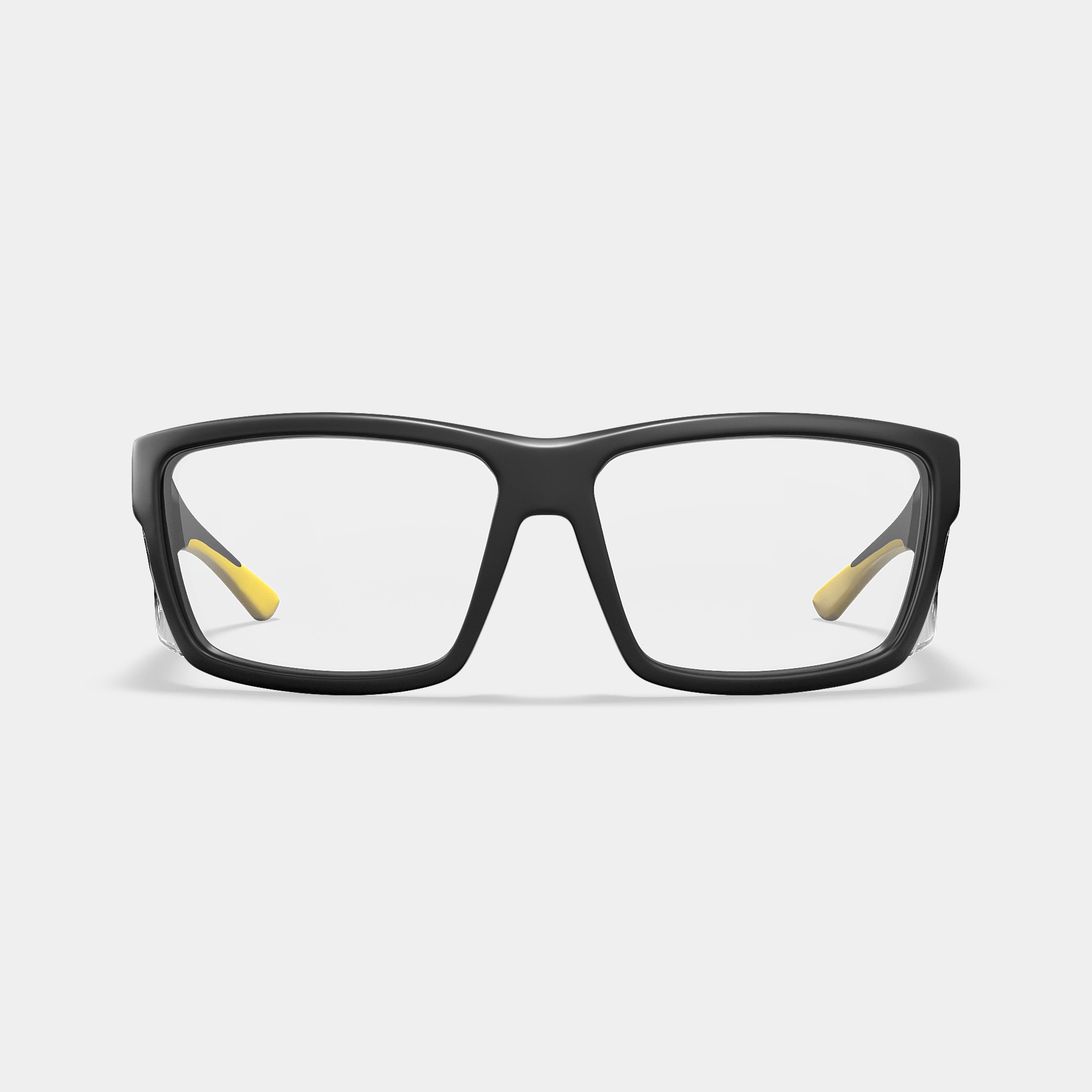 A003 prescription safety glasses in black with yellow temple tips, front view