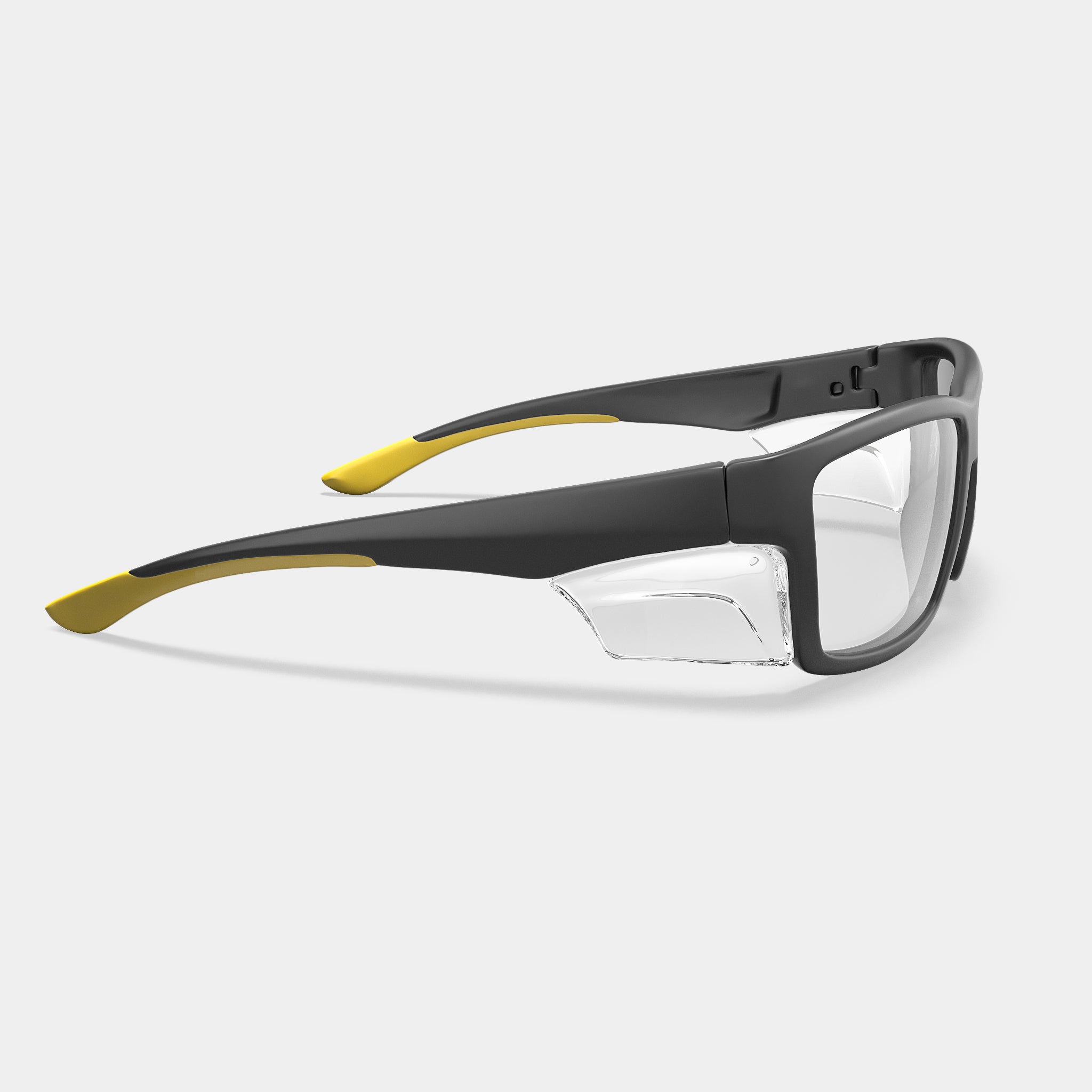 A003 prescription safety glasses in black and yellow with clear side shields, side view