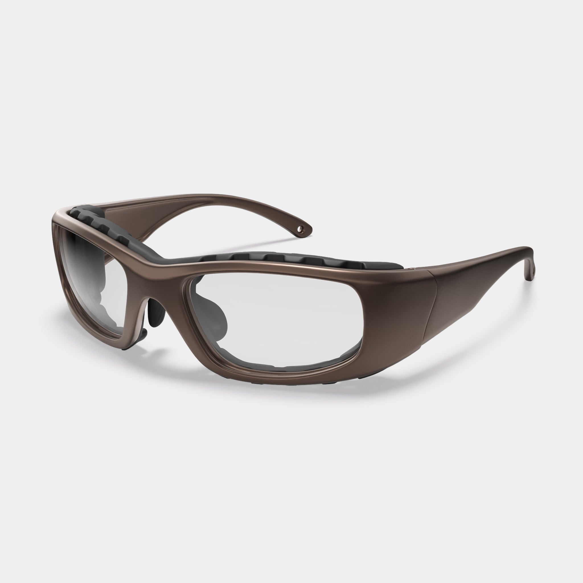 A004 prescription safety glasses in brown with clear lenses on white background
