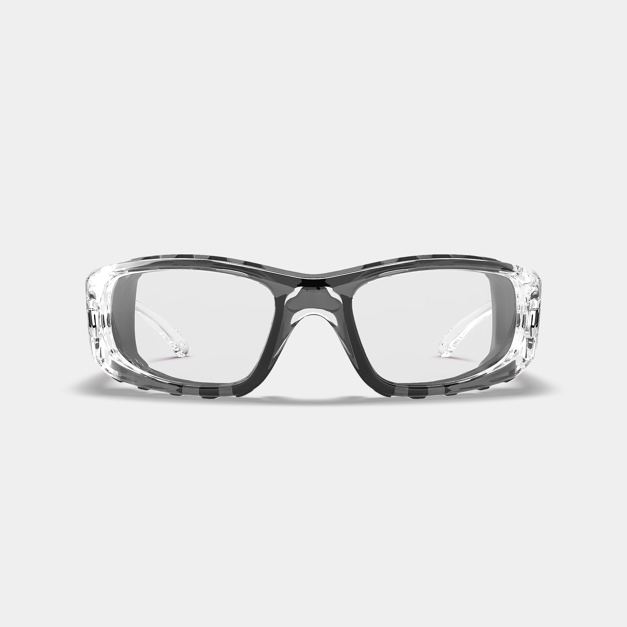 A004 prescription safety glasses in clear and black variant color, front view