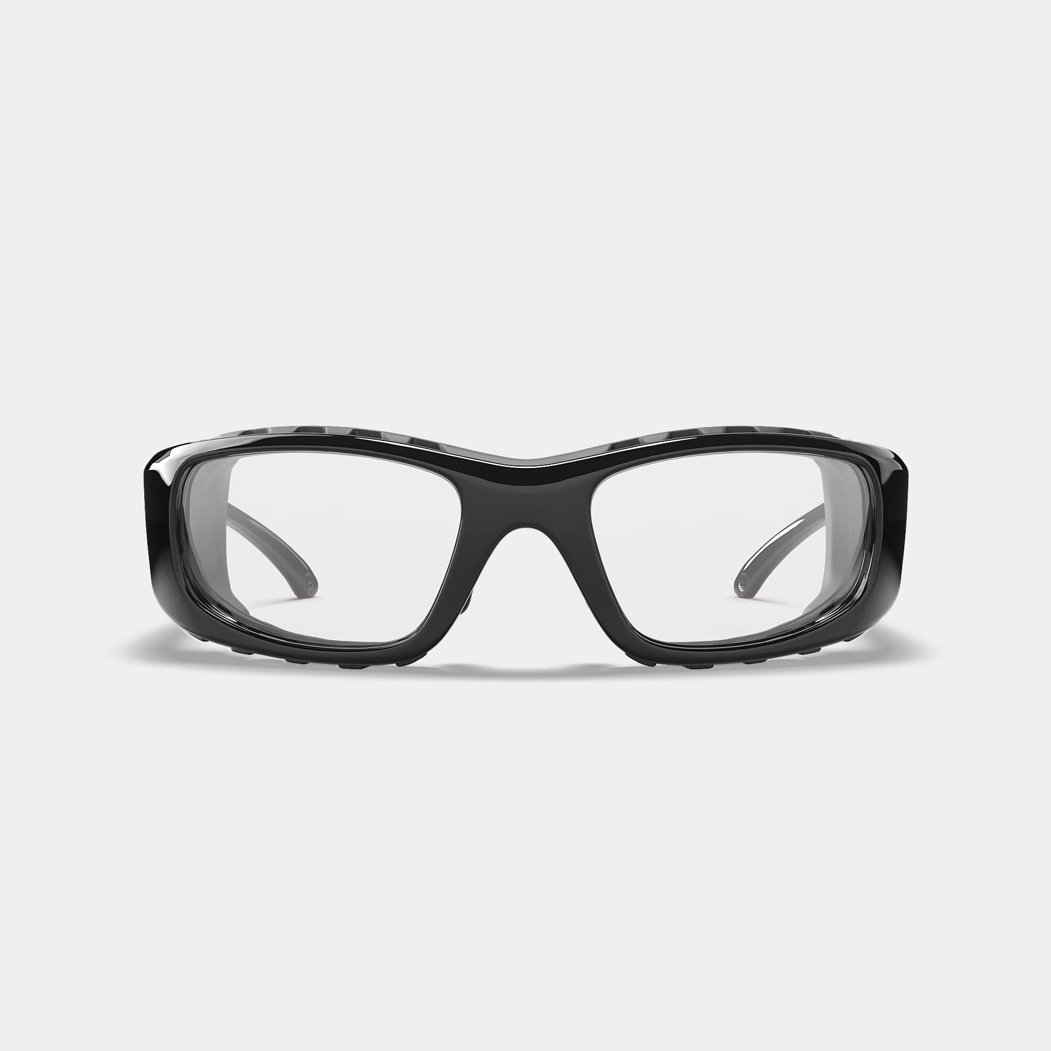 A004 prescription safety glasses in black, front view on white background
