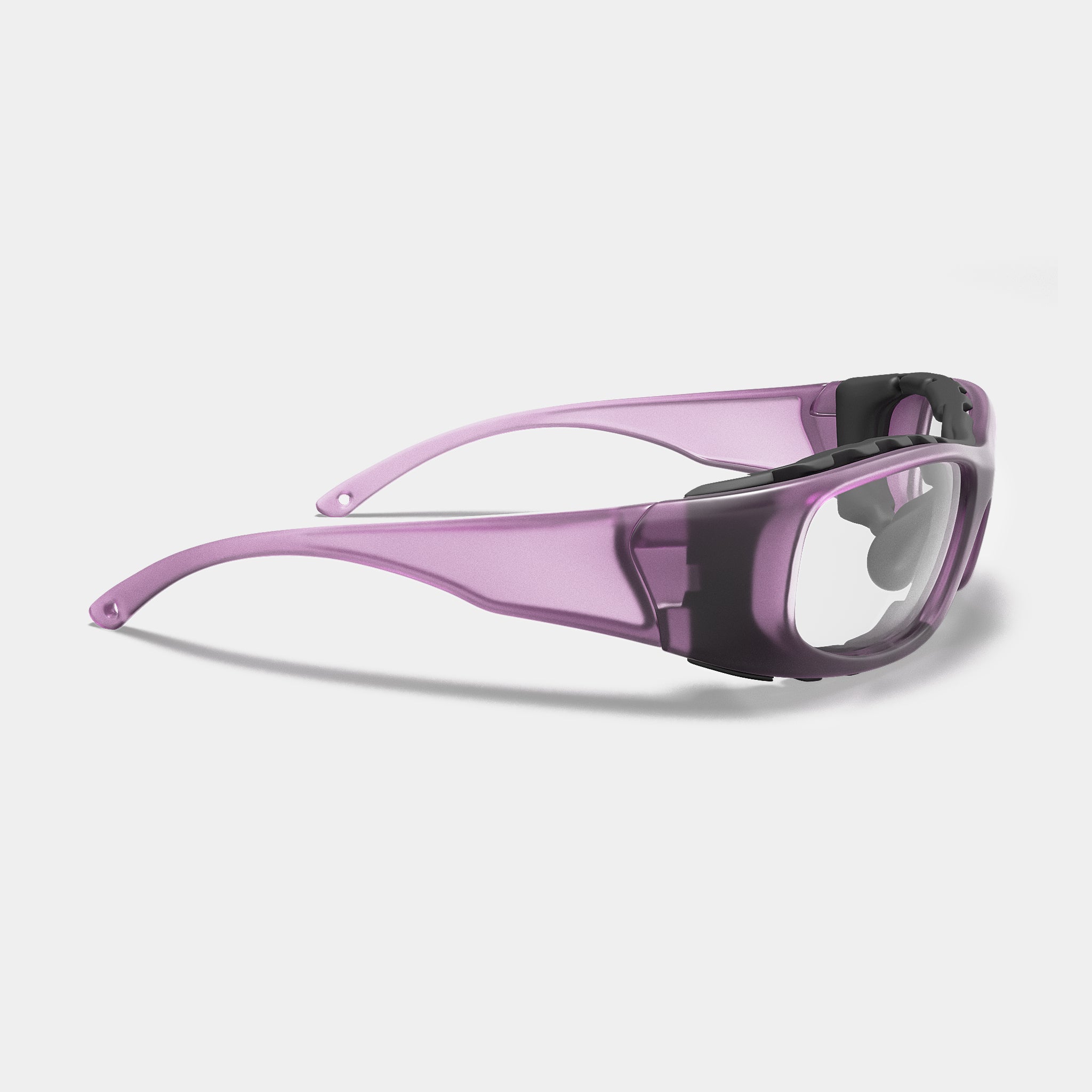 A004 prescription safety glasses in purple with clear lenses, side view on white background
