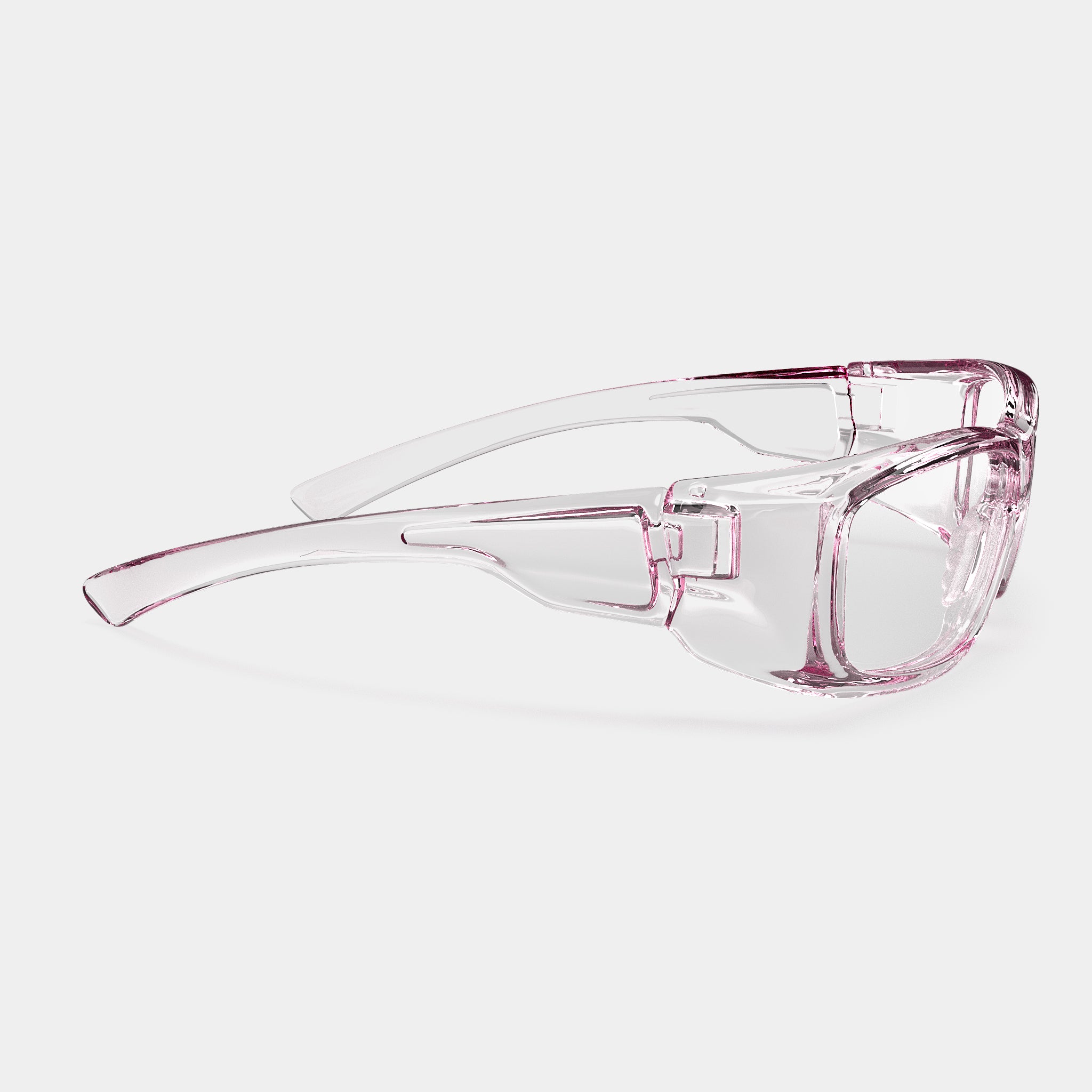 A005 prescription safety glasses in light pink with clear side shields on white background