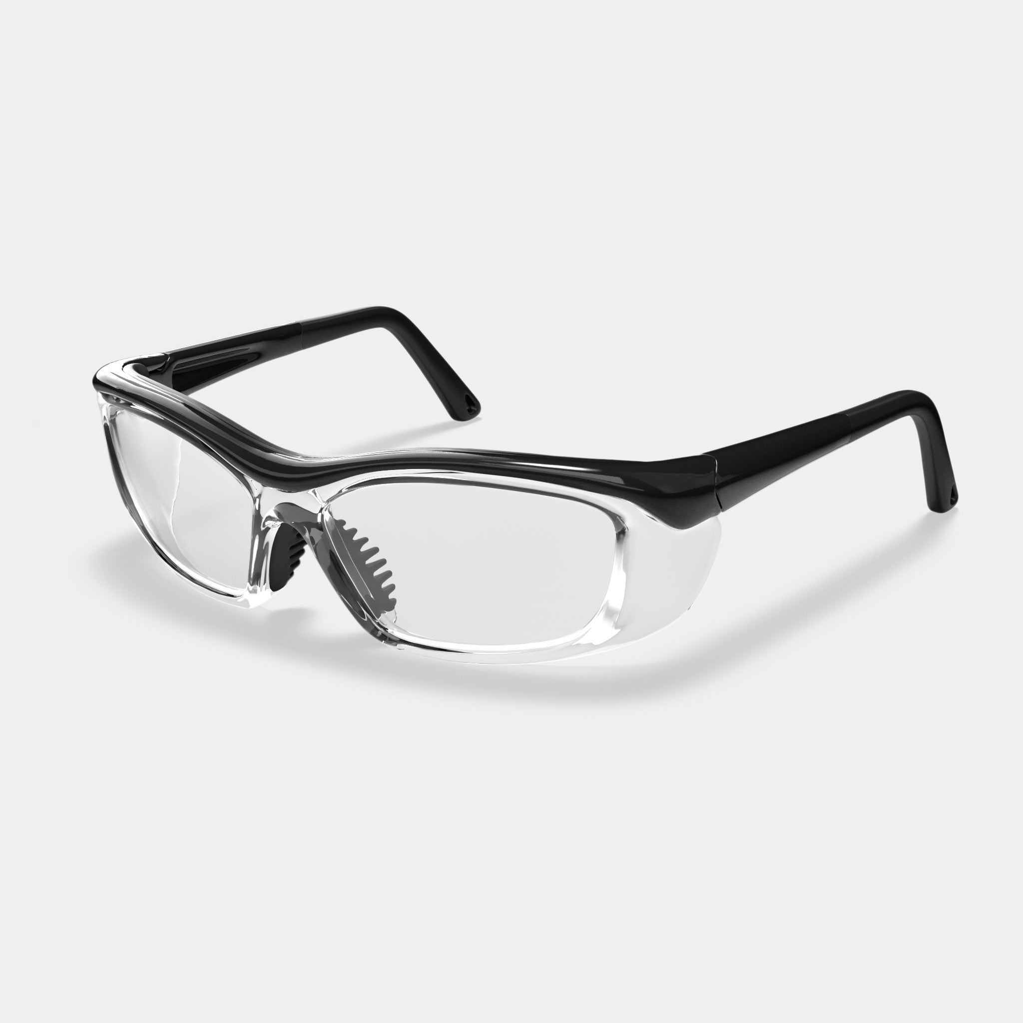 A006 prescription safety glasses in black and clear variant color on white background