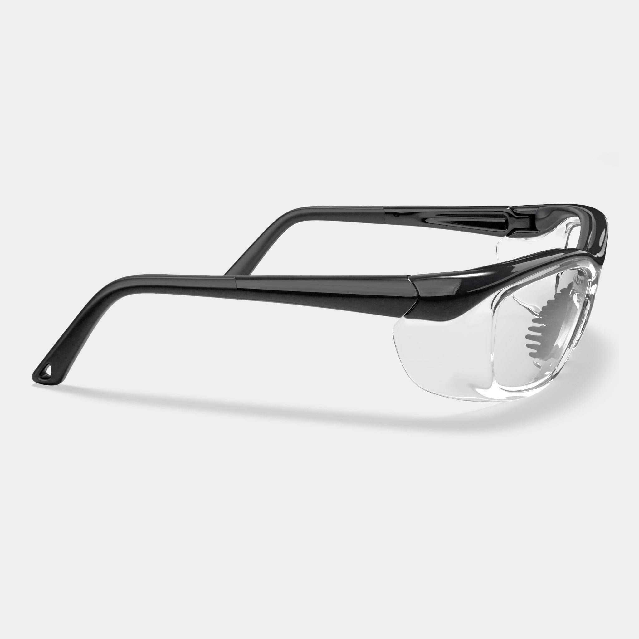 A006 prescription safety glasses in black with clear side shields, side view