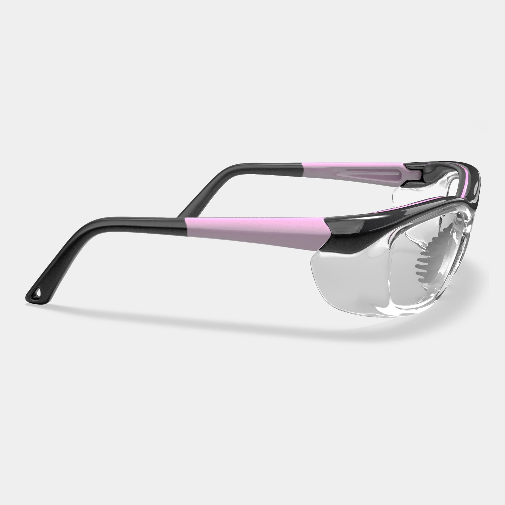 A006 prescription safety glasses in pink and black variant color, side view on white background
