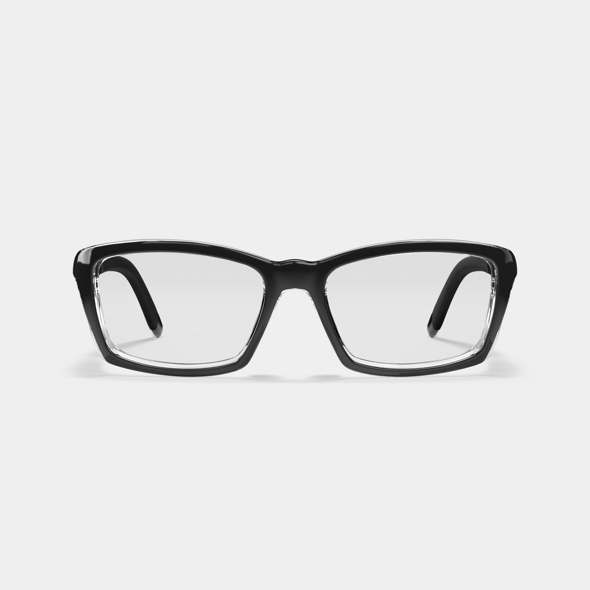 A007 prescription safety glasses in black crystal color, rectangular frame, front view