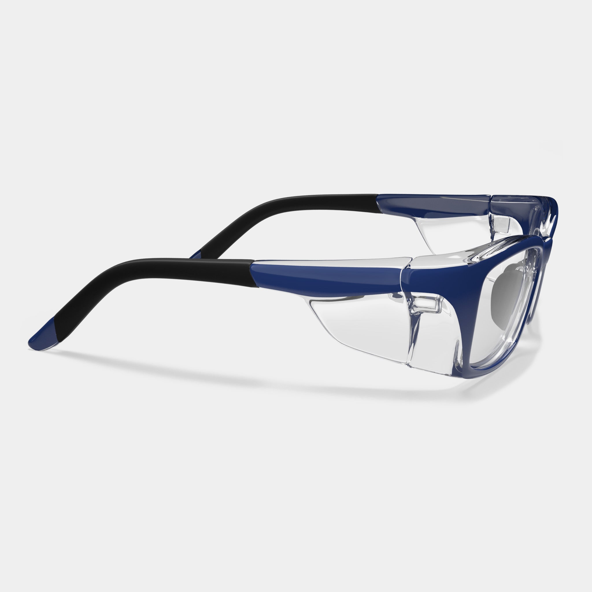 A007 prescription safety glasses in blue with clear side shields, black arms, on white background