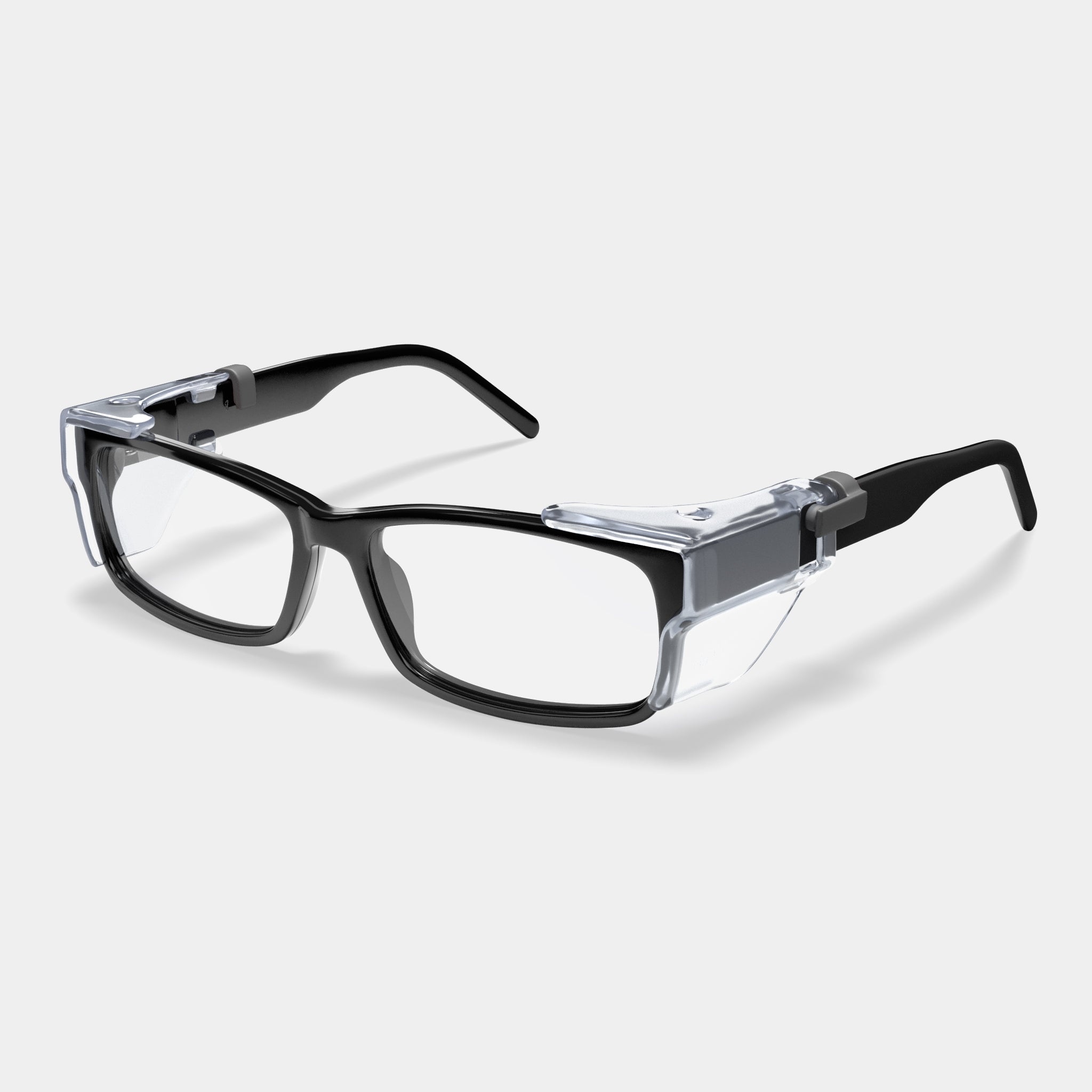 H207 prescription safety glasses in black with clear side shields on white background