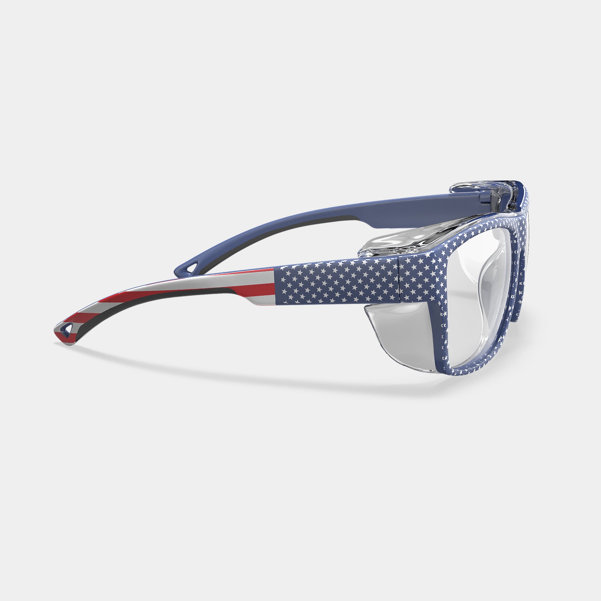 HiDX prescription safety glasses in American Flag variant color, side view