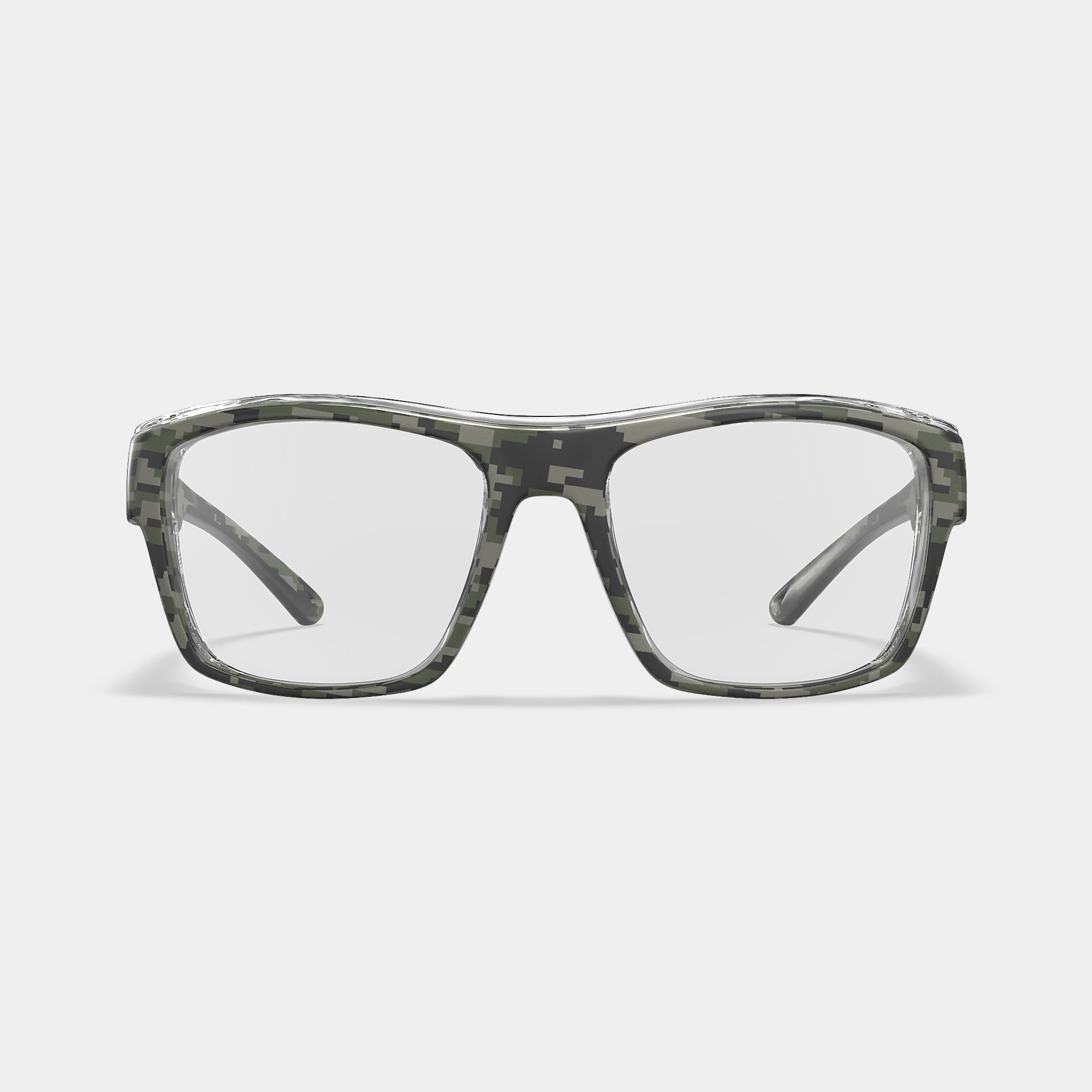 HiDX A001 prescription safety glasses in camo variant color, front view