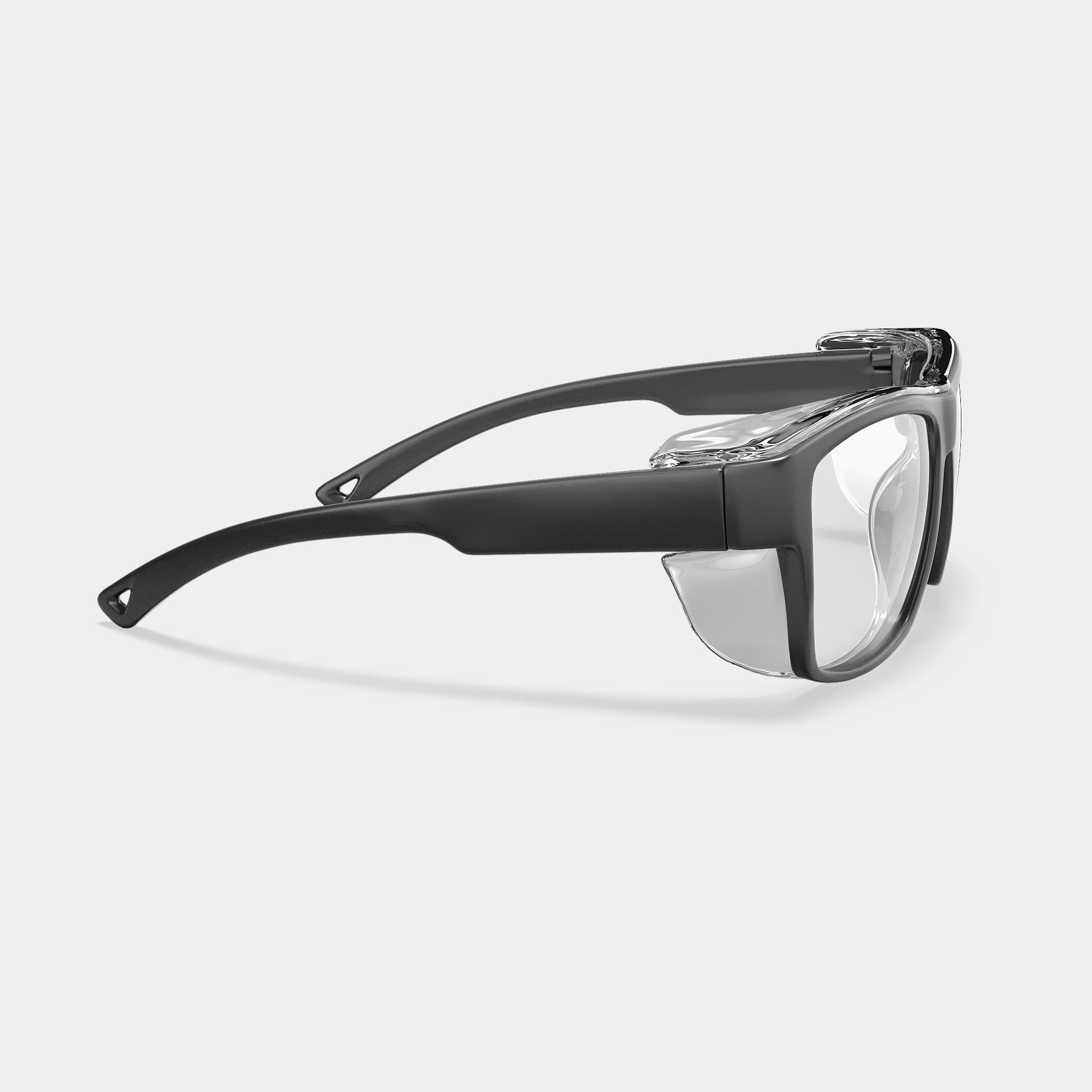 HiDX prescription safety glasses in matte black, side view with clear side shields