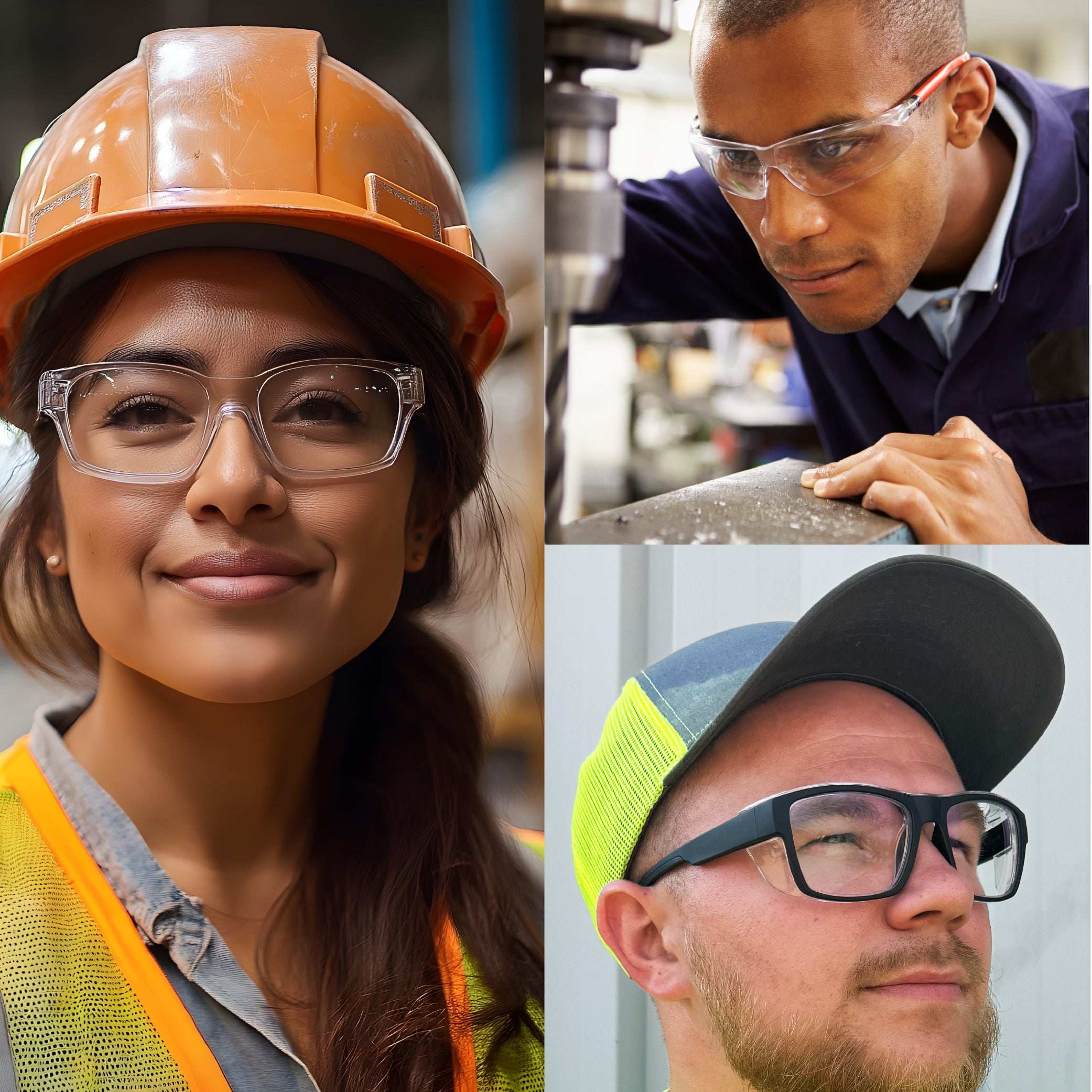 Collage of three individuals wearing safety gear including hard hats, safety glasses, and a high-visibility vests in different work environments
