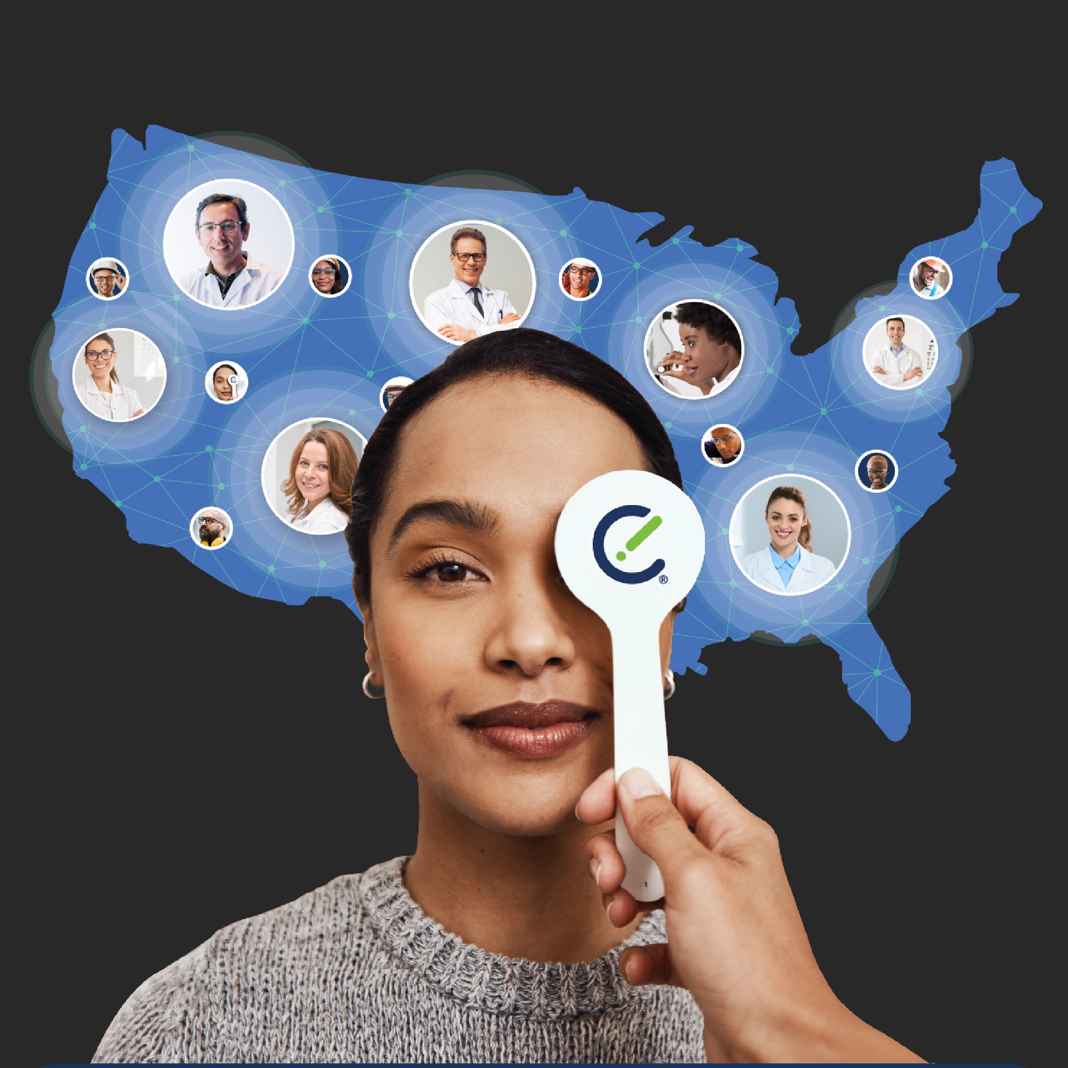 Woman holding an occluder during a vision test with a map of the United States and images of eye doctors in the background