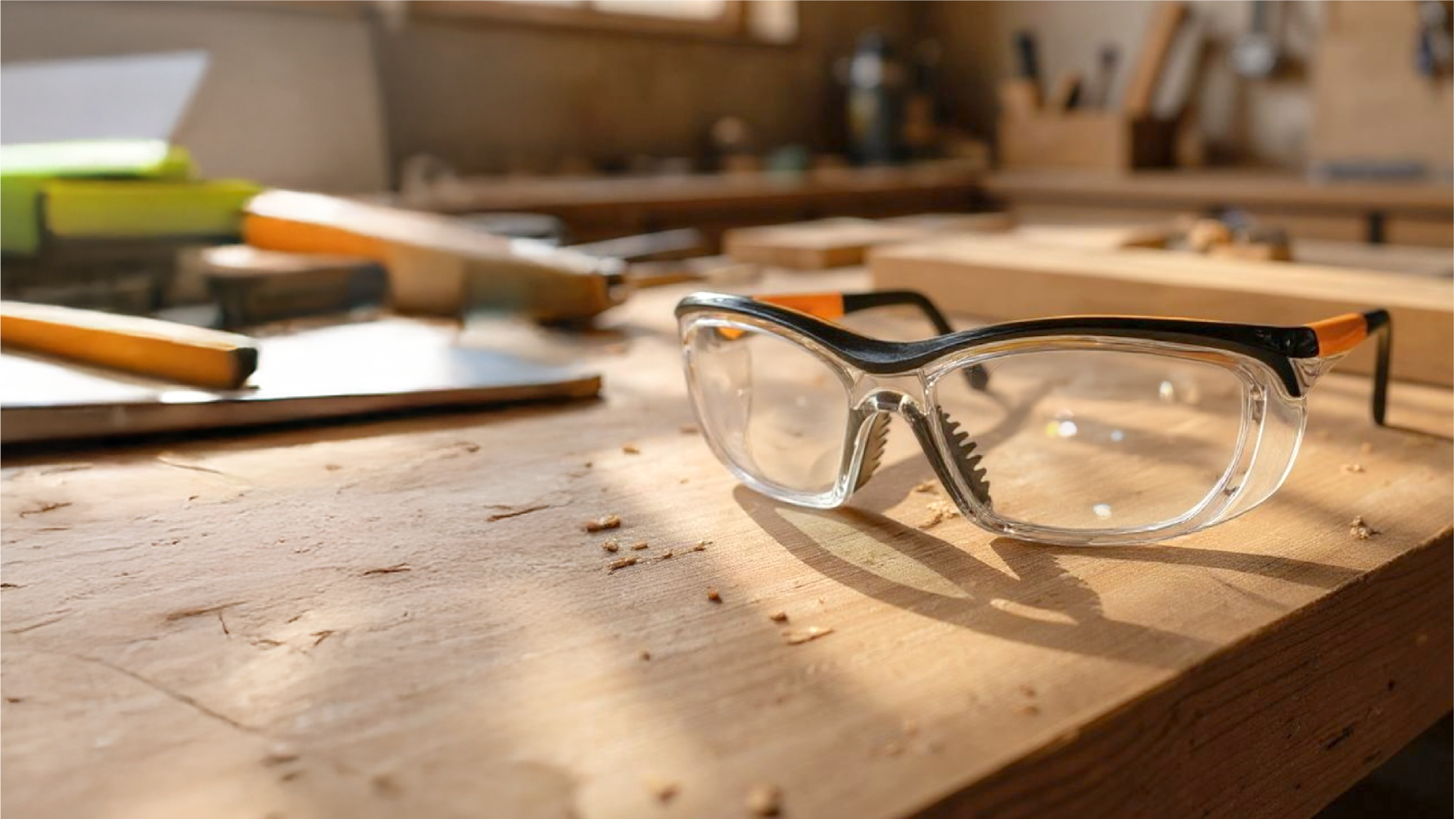 Image of prescription safety glasses in a workshop environment on a wooden work tabletop with tools in the background