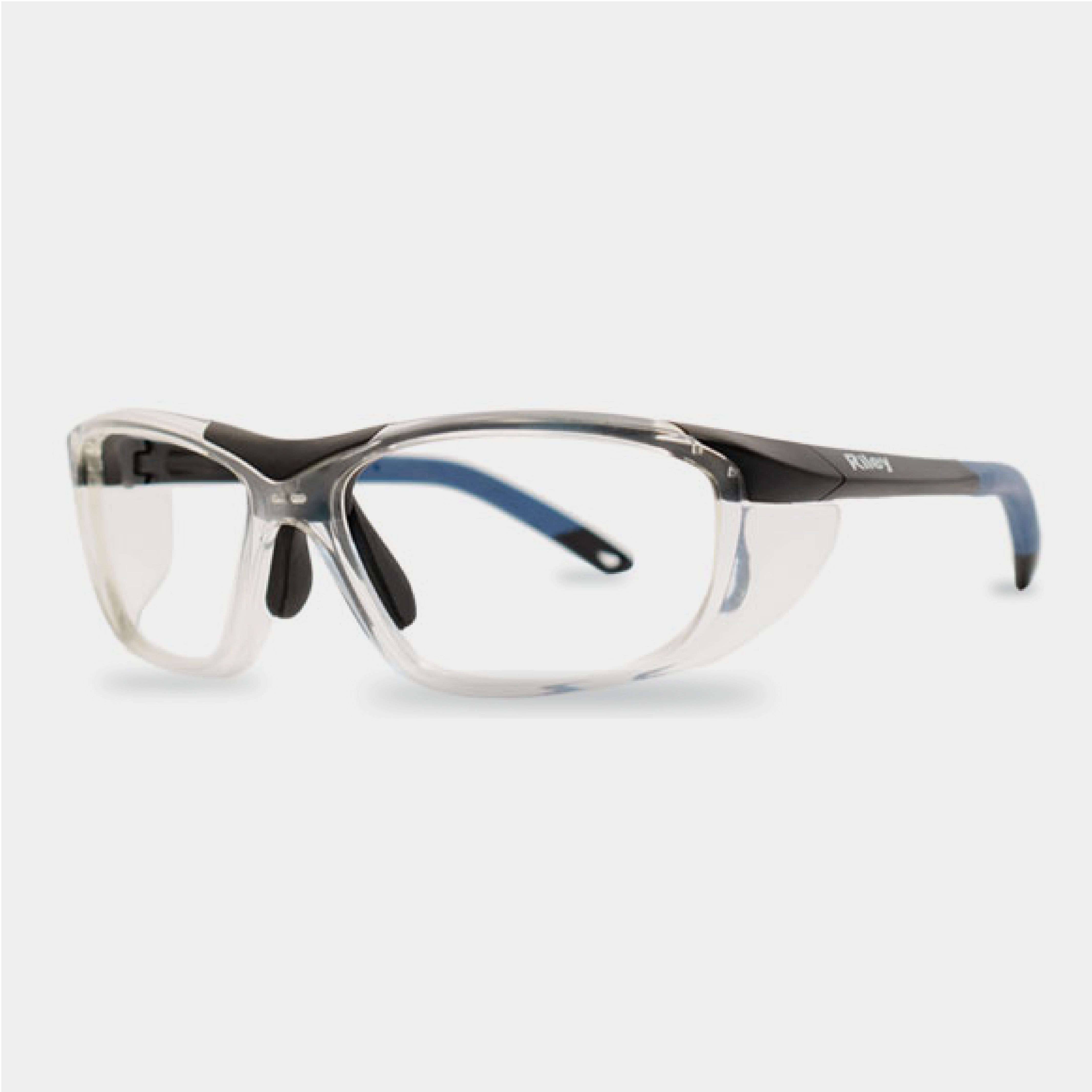 Riley Rokka prescription safety glasses in blue black with clear side shields