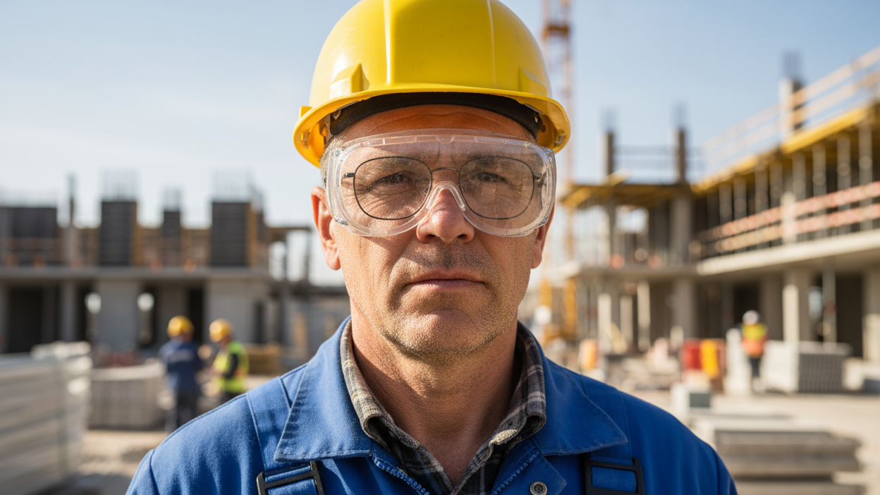 Man with hard hat wearing a pair of dispposable safety goggles on top of his everyday prescription glasses in an outdoor construction site setting.
