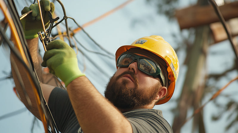 Worker wearing prescription safety glasses in black variant color fixing power lines outdoors