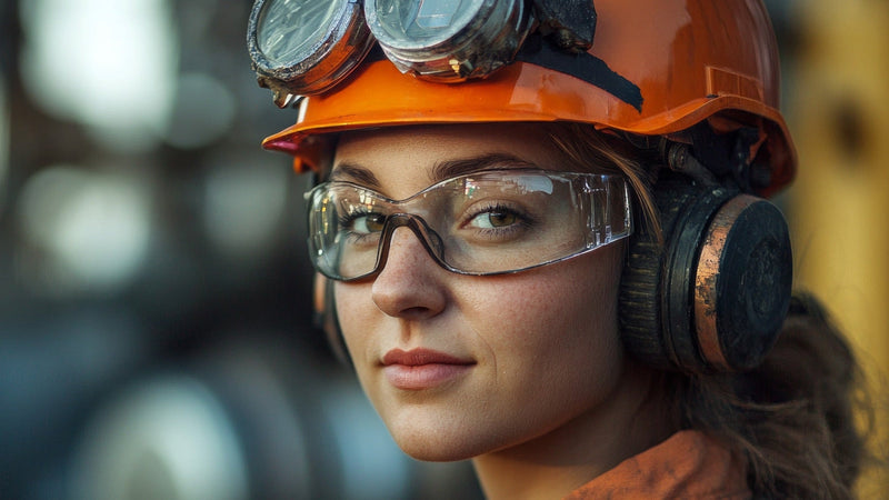 Prescription safety glasses in clear variant, worn by worker with orange hard hat and earmuffs