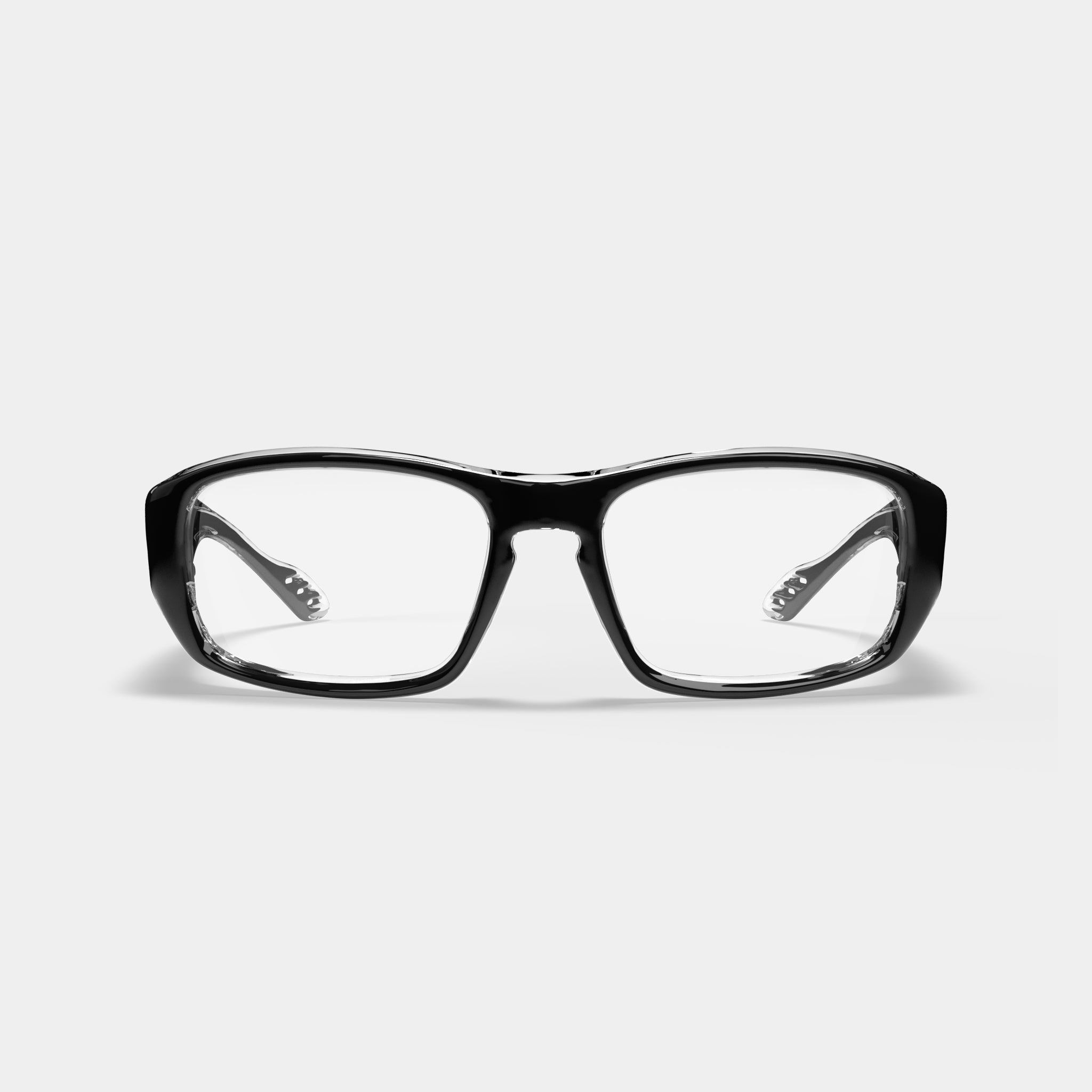 A0010 prescription safety glasses in black, front view with clear lenses and black frame