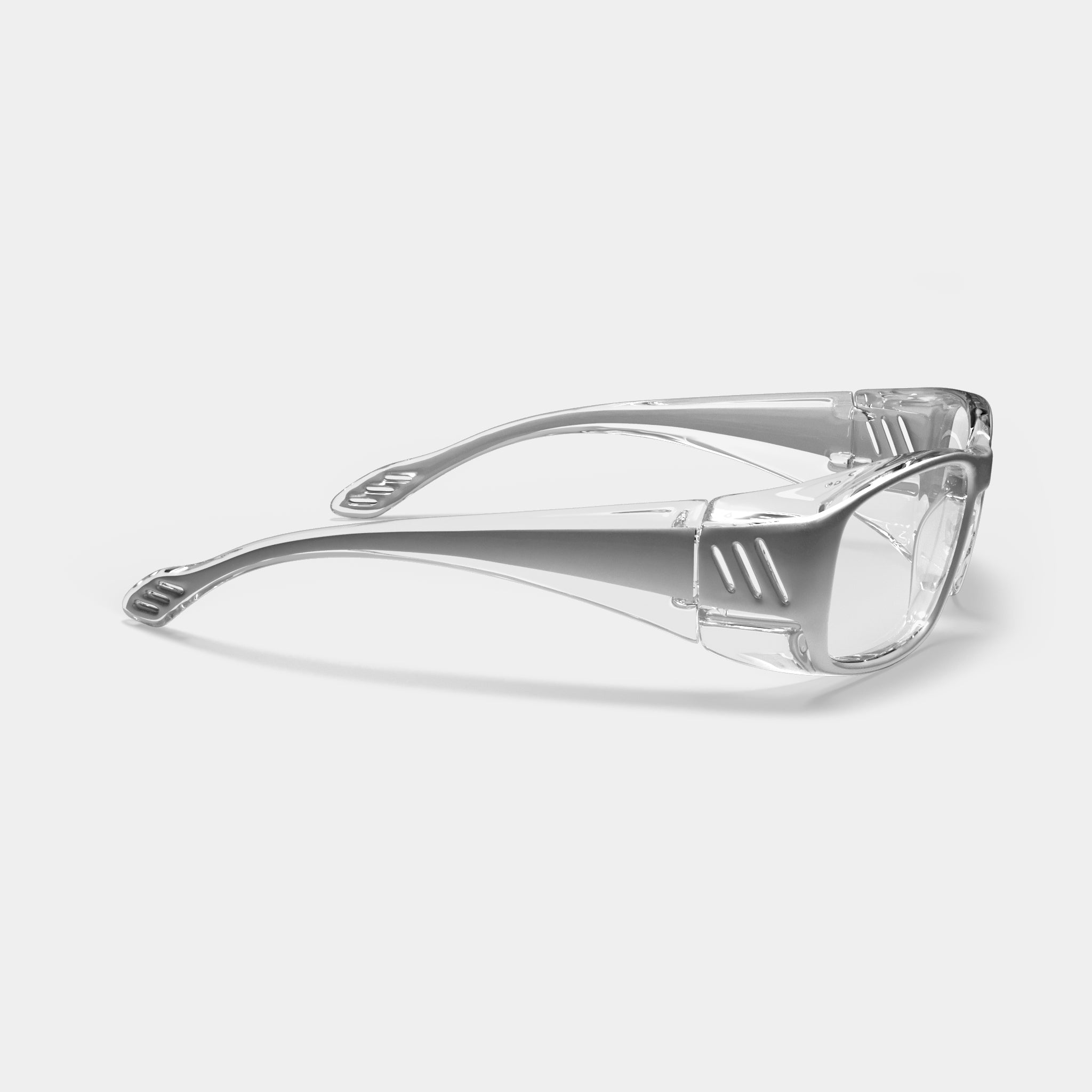 A0010 prescription safety glasses in clear color, side view on white background