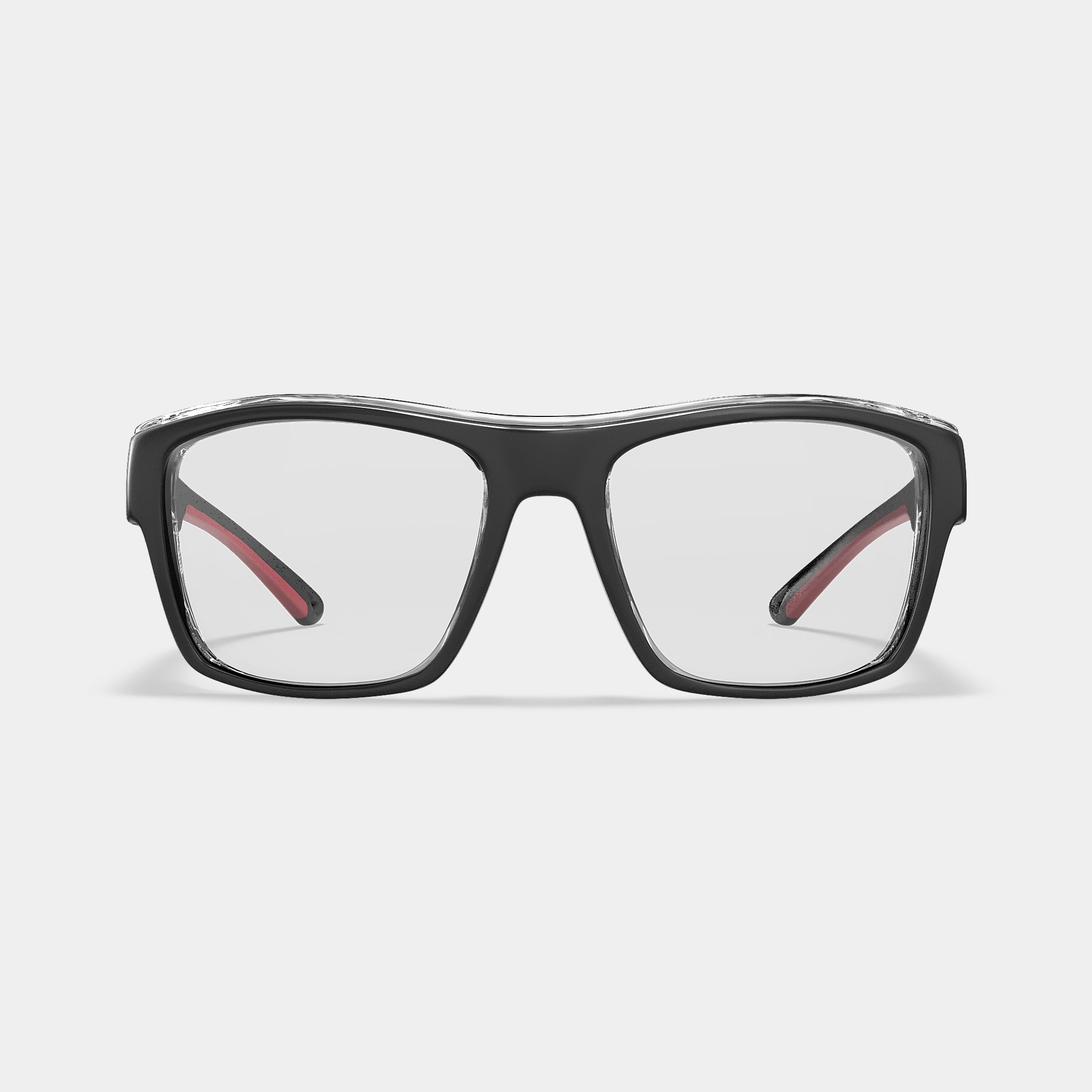 A001 prescription safety glasses in black with clear lenses and red temple accents