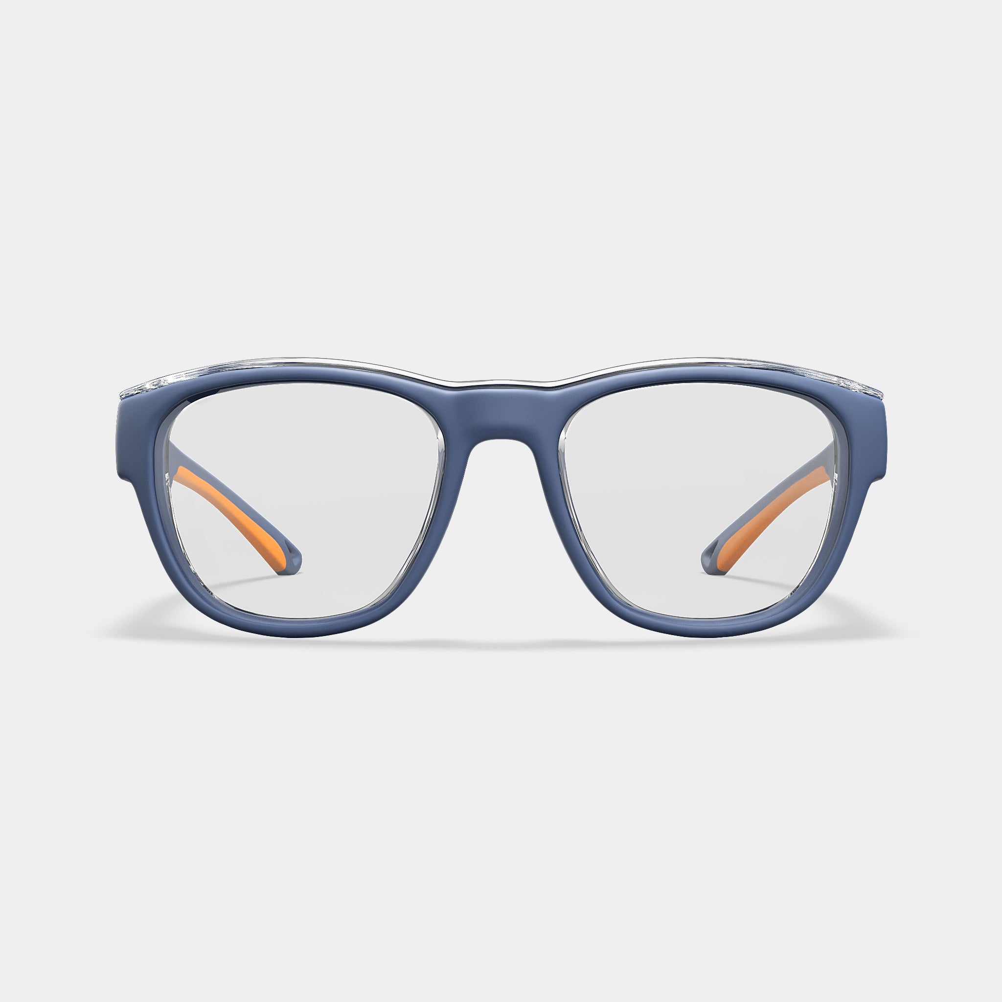 A002 prescription safety glasses in blue with orange temple tips, front view on white background