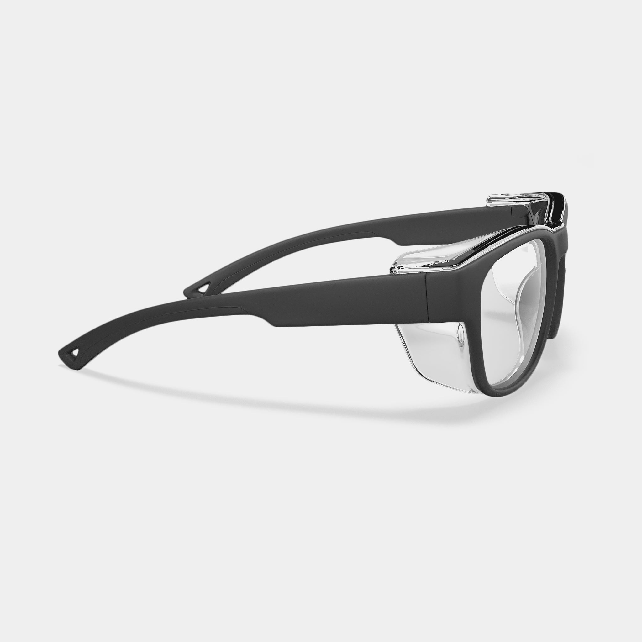 A002 prescription safety glasses in black with clear side shields on white background