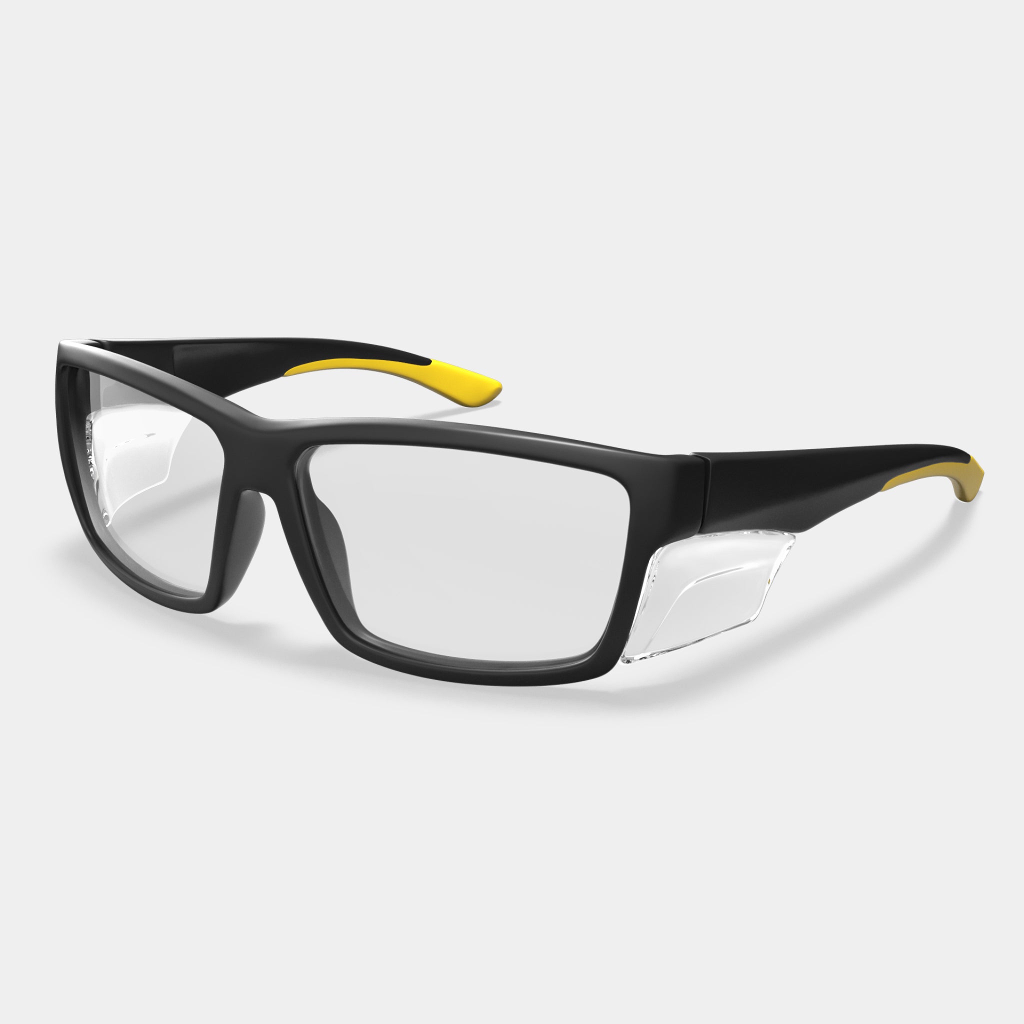A003 prescription safety glasses in black and yellow with clear side shields