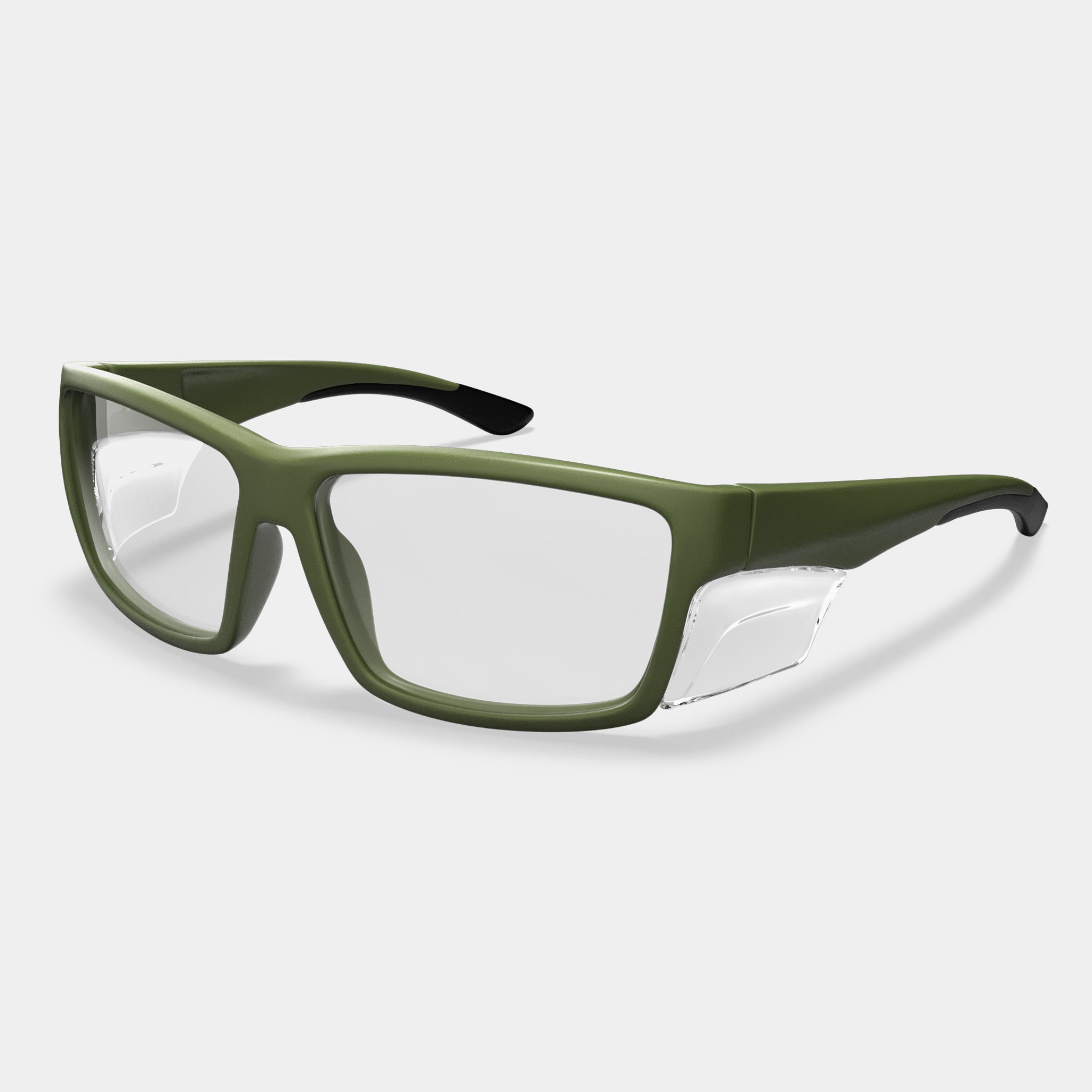 A003 prescription safety glasses in olive green with clear side shields on white background