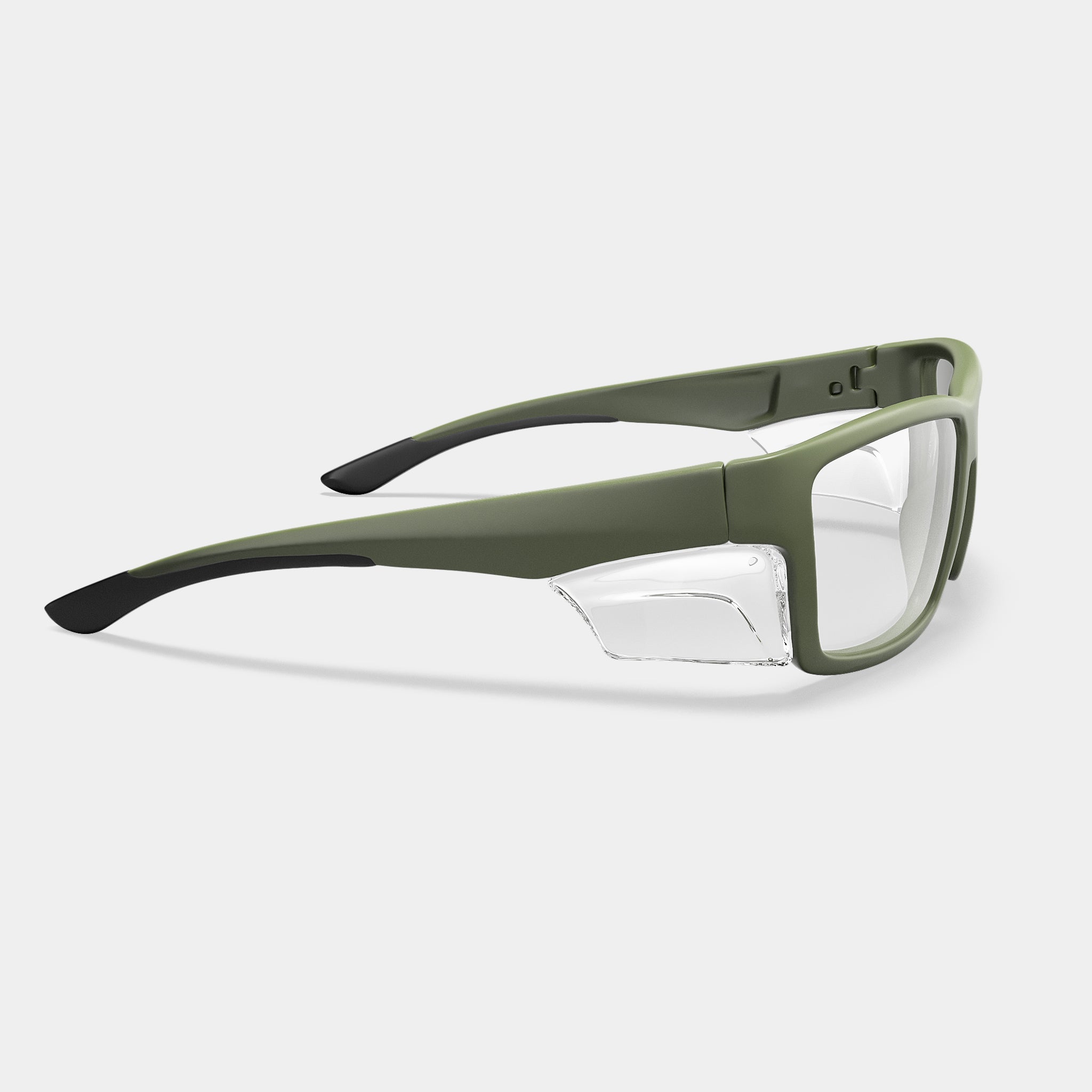 A003 prescription safety glasses in olive green with clear side shields and black tips
