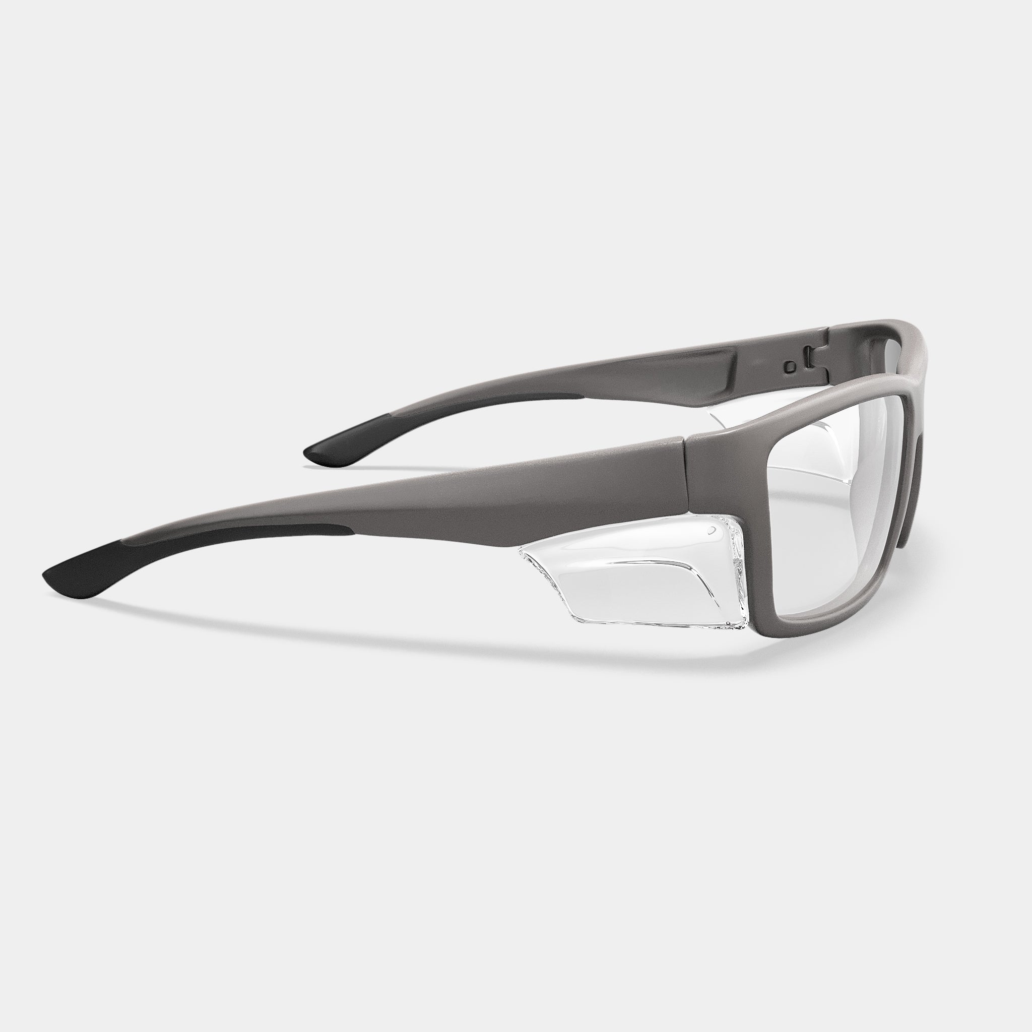 A003 prescription safety glasses in matte grey with clear side shields