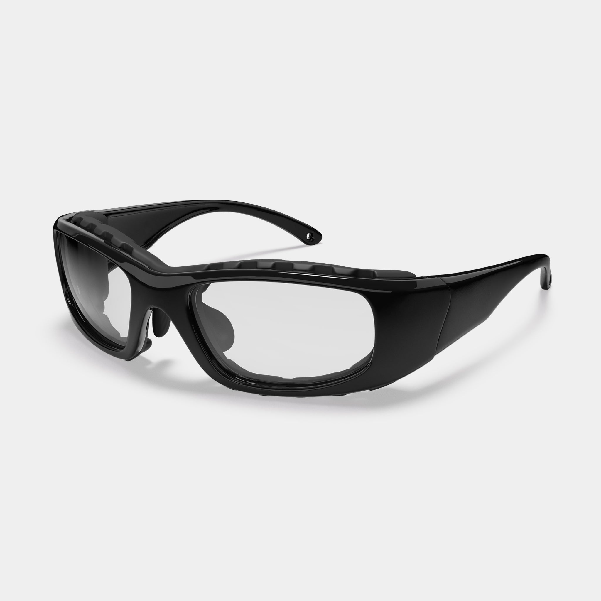A004 prescription safety glasses in black with clear lenses on white background