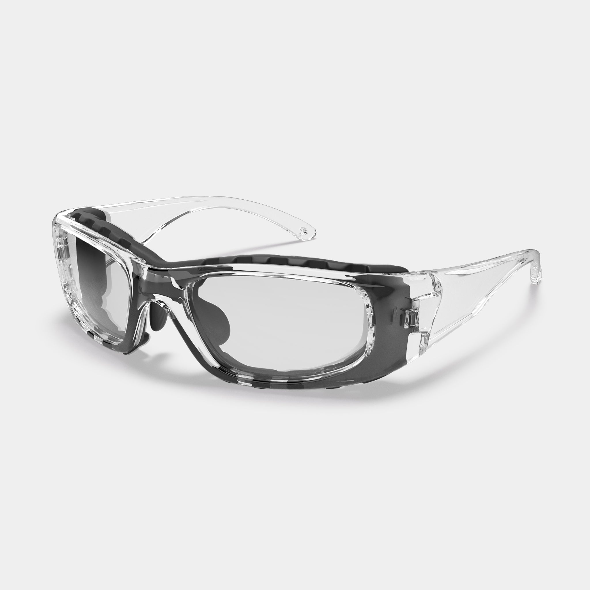 A004 prescription safety glasses in clear and black variant color on white background