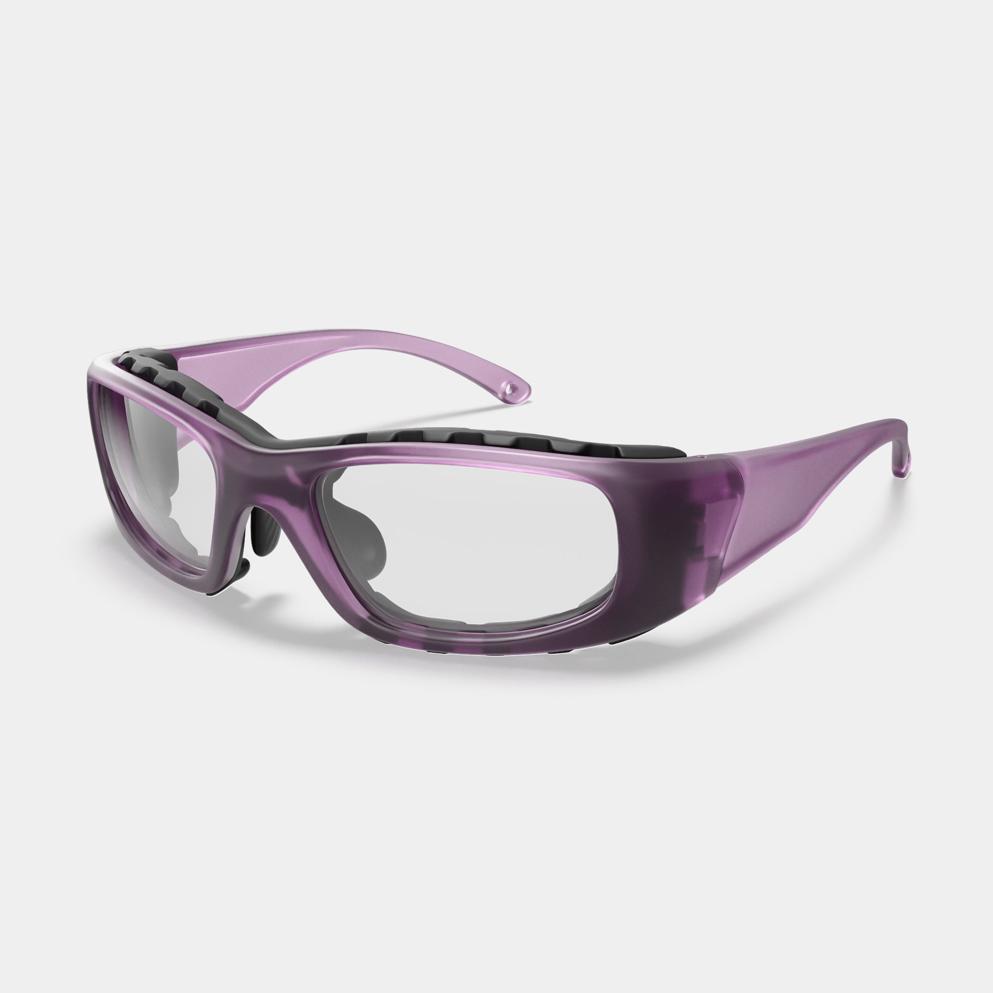 A004 prescription safety glasses in purple variant color with clear lenses, side view