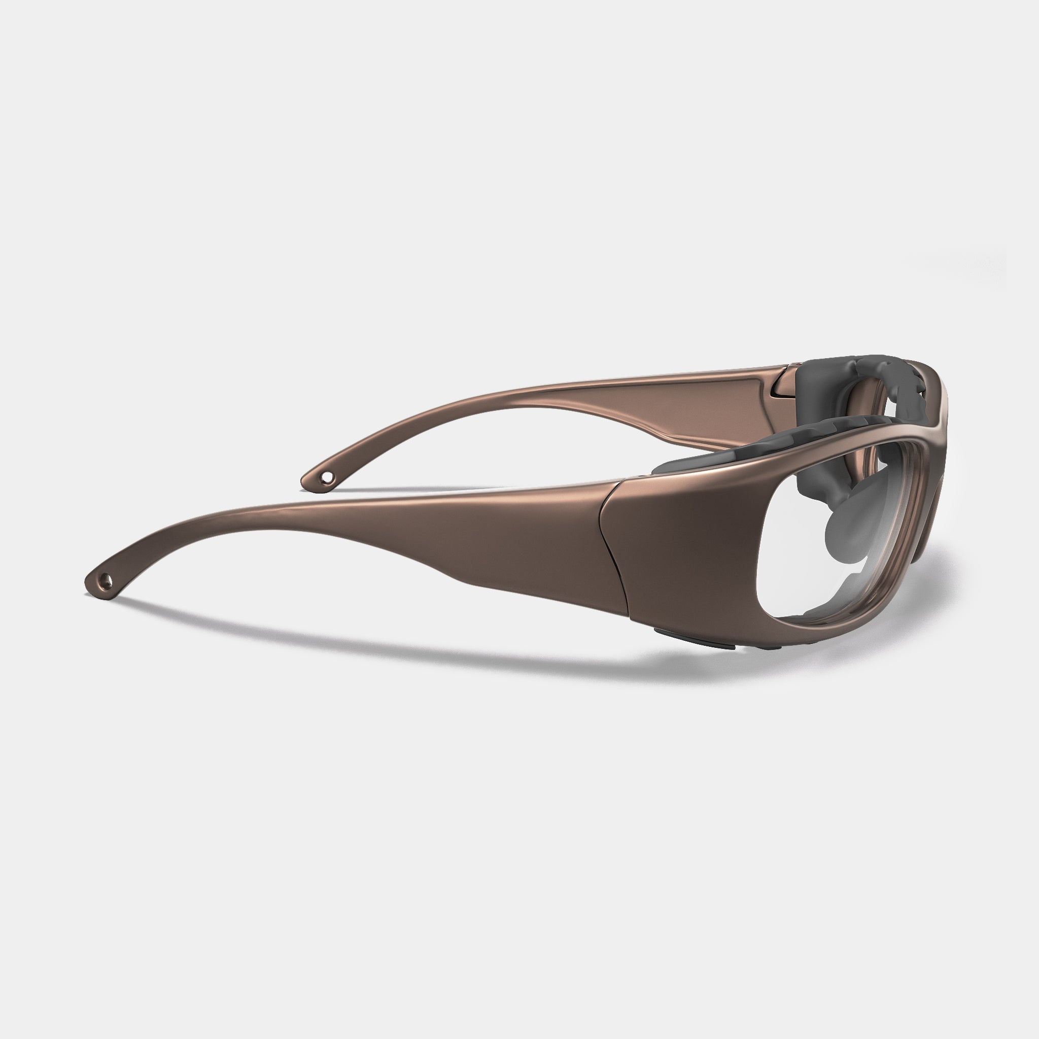 A004 prescription safety glasses in bronze color, side view, with clear wraparound lenses