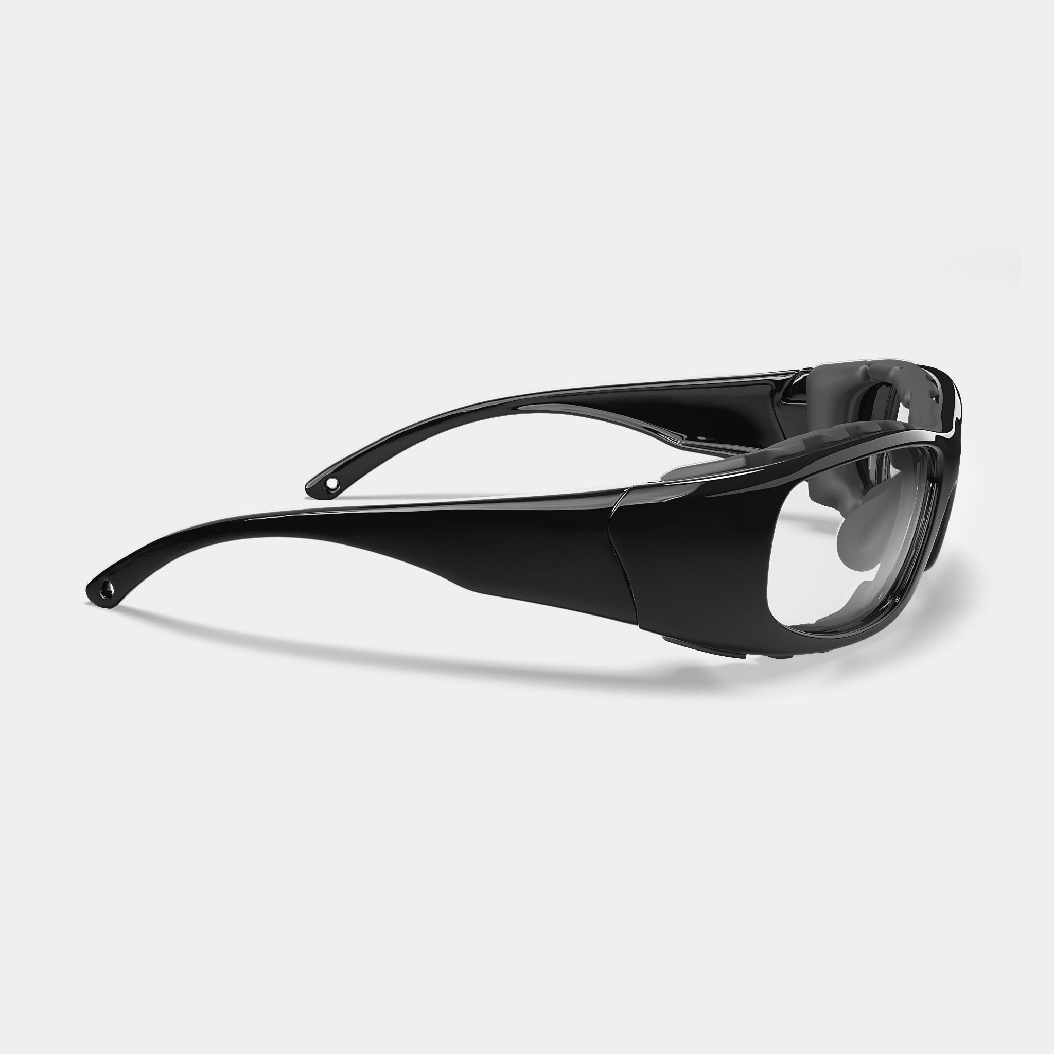 A004 prescription safety glasses in black with side shields on a white background