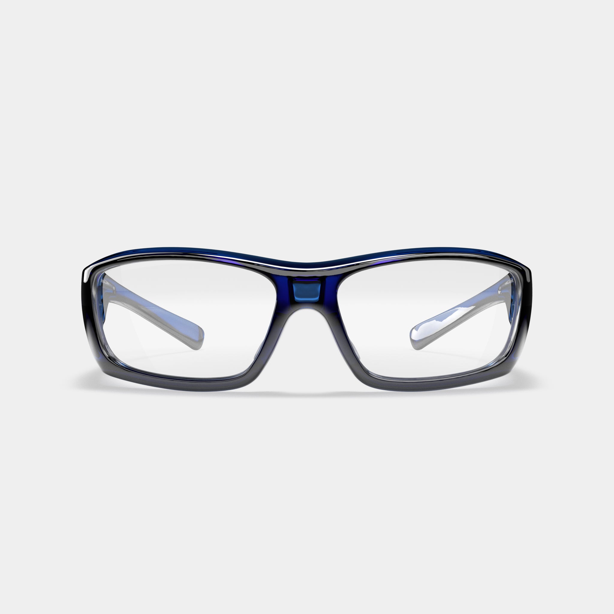 A005 prescription safety glasses in blue with clear lenses, front view on white background