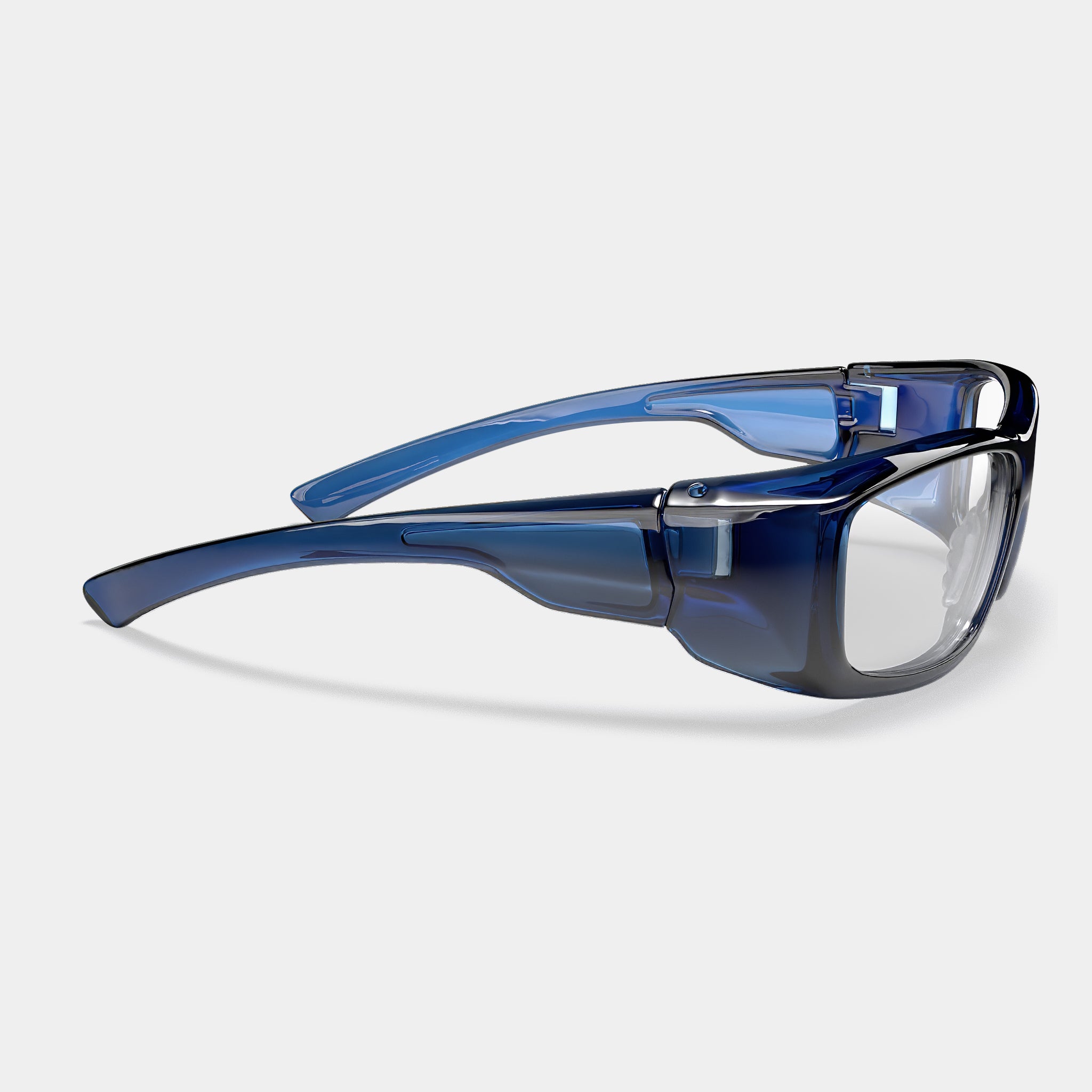 A005 prescription safety glasses in blue, side view, durable wraparound design