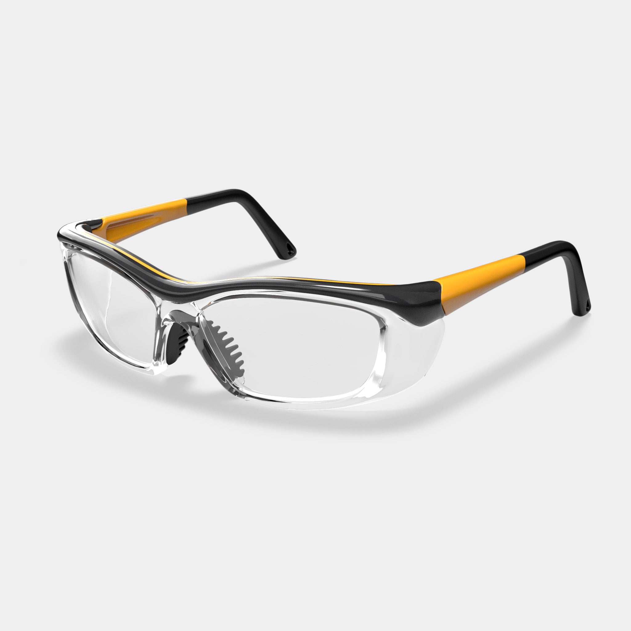 Prescription safety glasses in black and yellow variant with clear lenses on white background