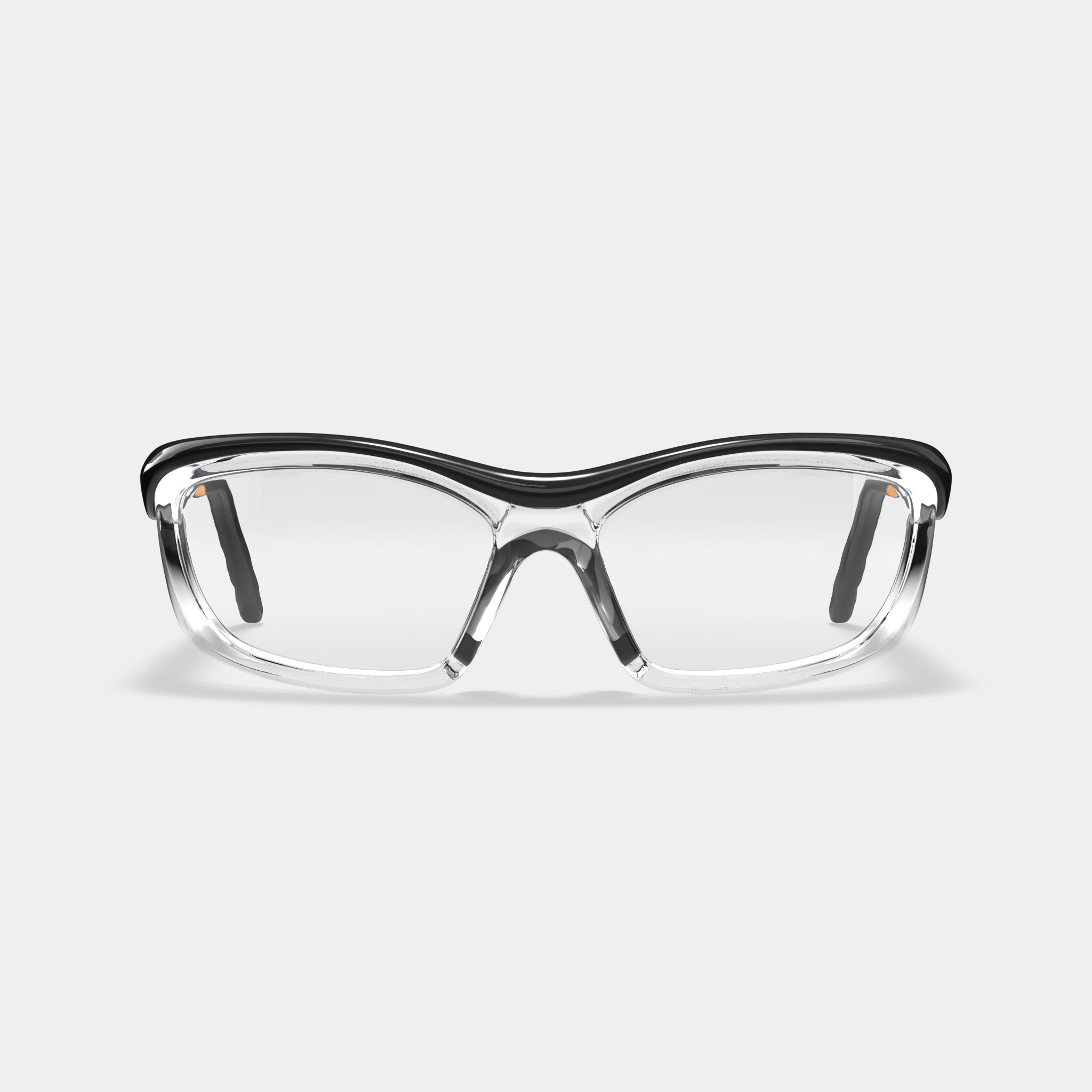 A006 prescription safety glasses in clear and black variant color, front view on white background