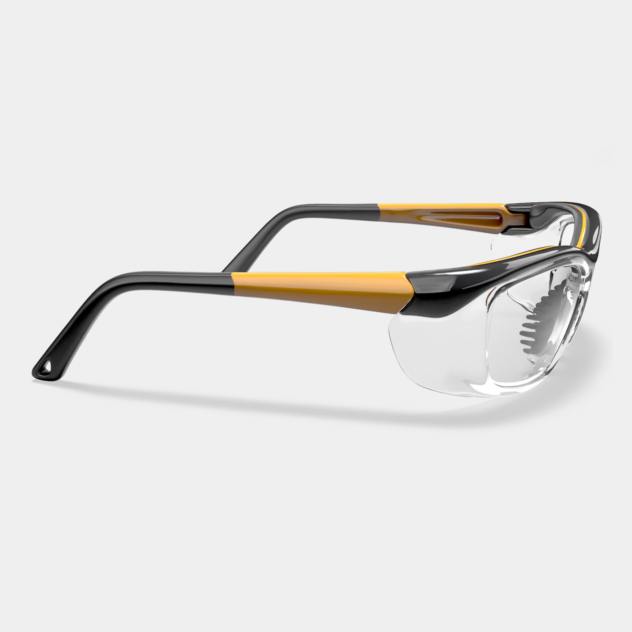 A006 prescription safety glasses in black and yellow with clear side shields