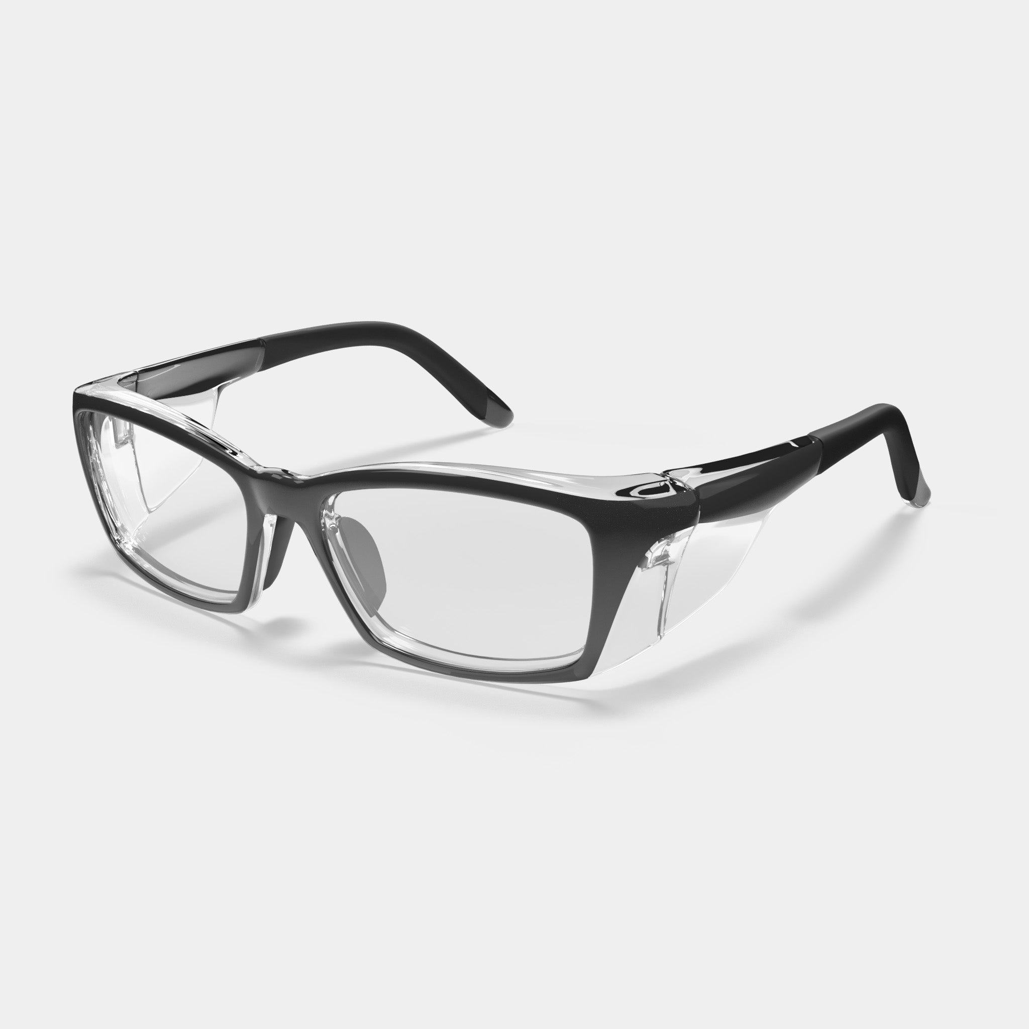 A007 prescription safety glasses in black and clear variant color on a white background